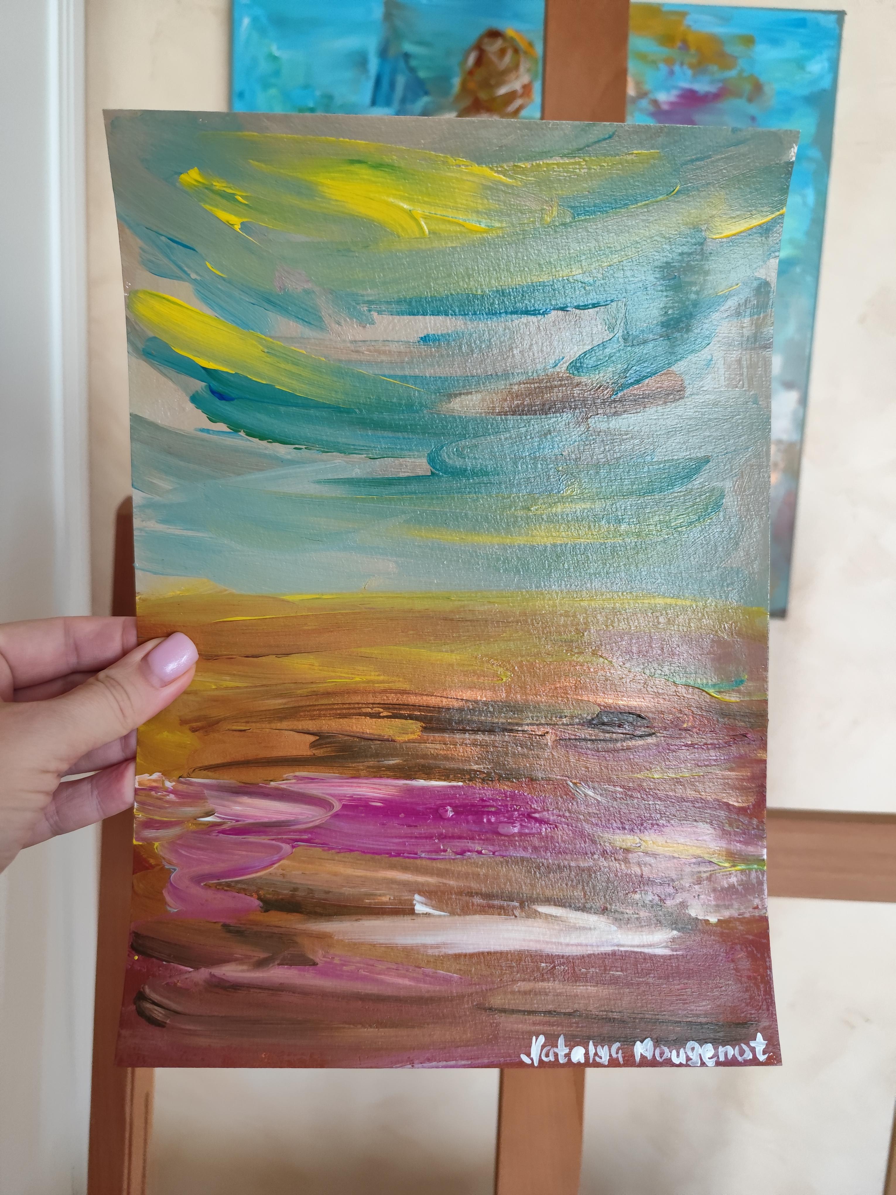 Pittura acrilica astratta contemporanea su carta di un paesaggio marino impressionista in vendita 10