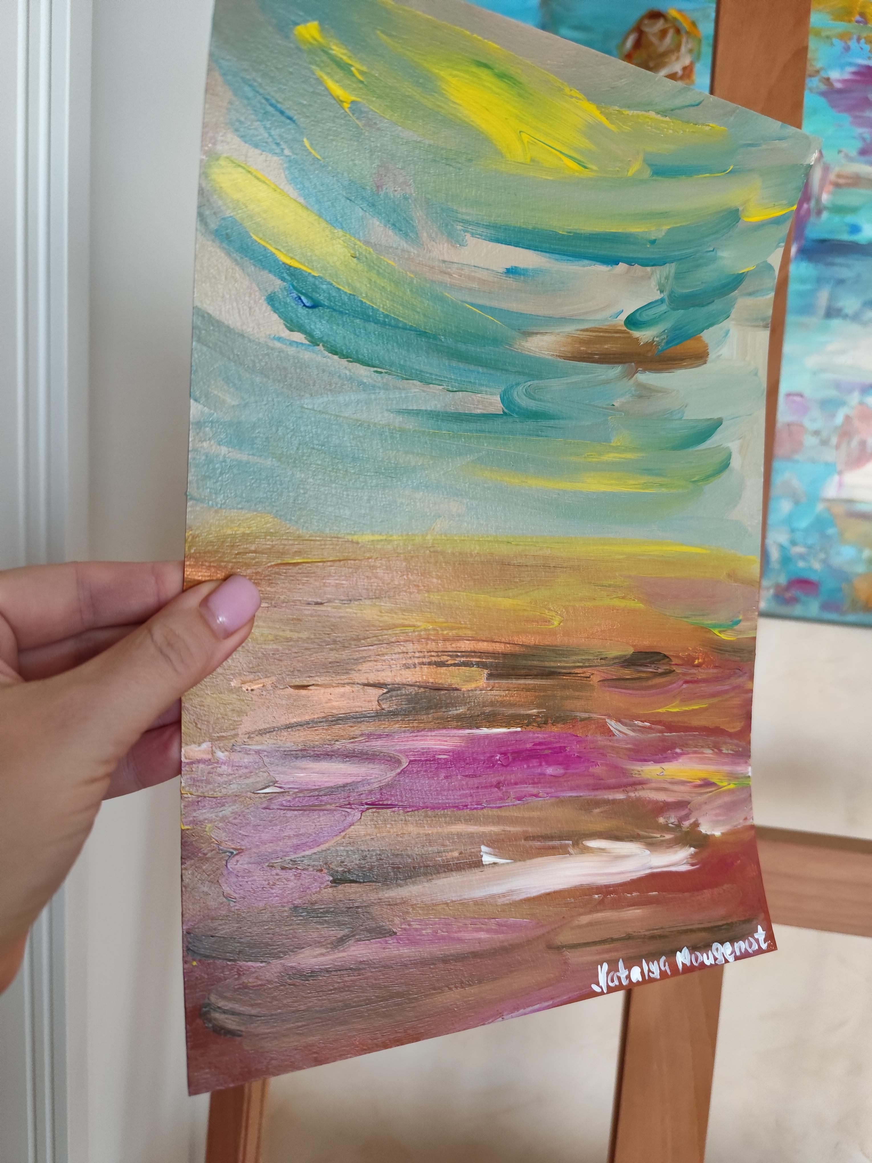 Pittura acrilica astratta contemporanea su carta di un paesaggio marino impressionista in vendita 11