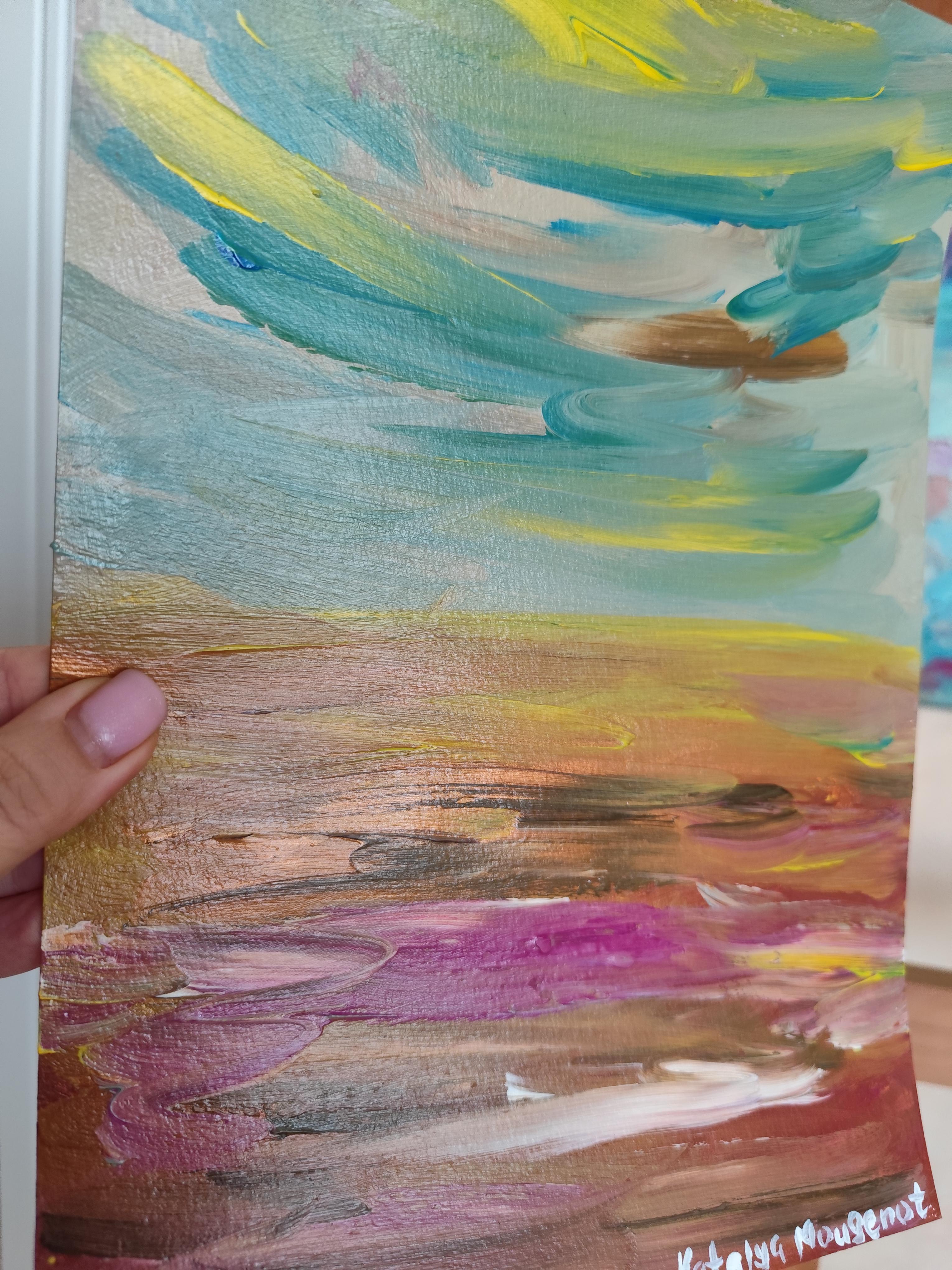 Pittura acrilica astratta contemporanea su carta di un paesaggio marino impressionista in vendita 12