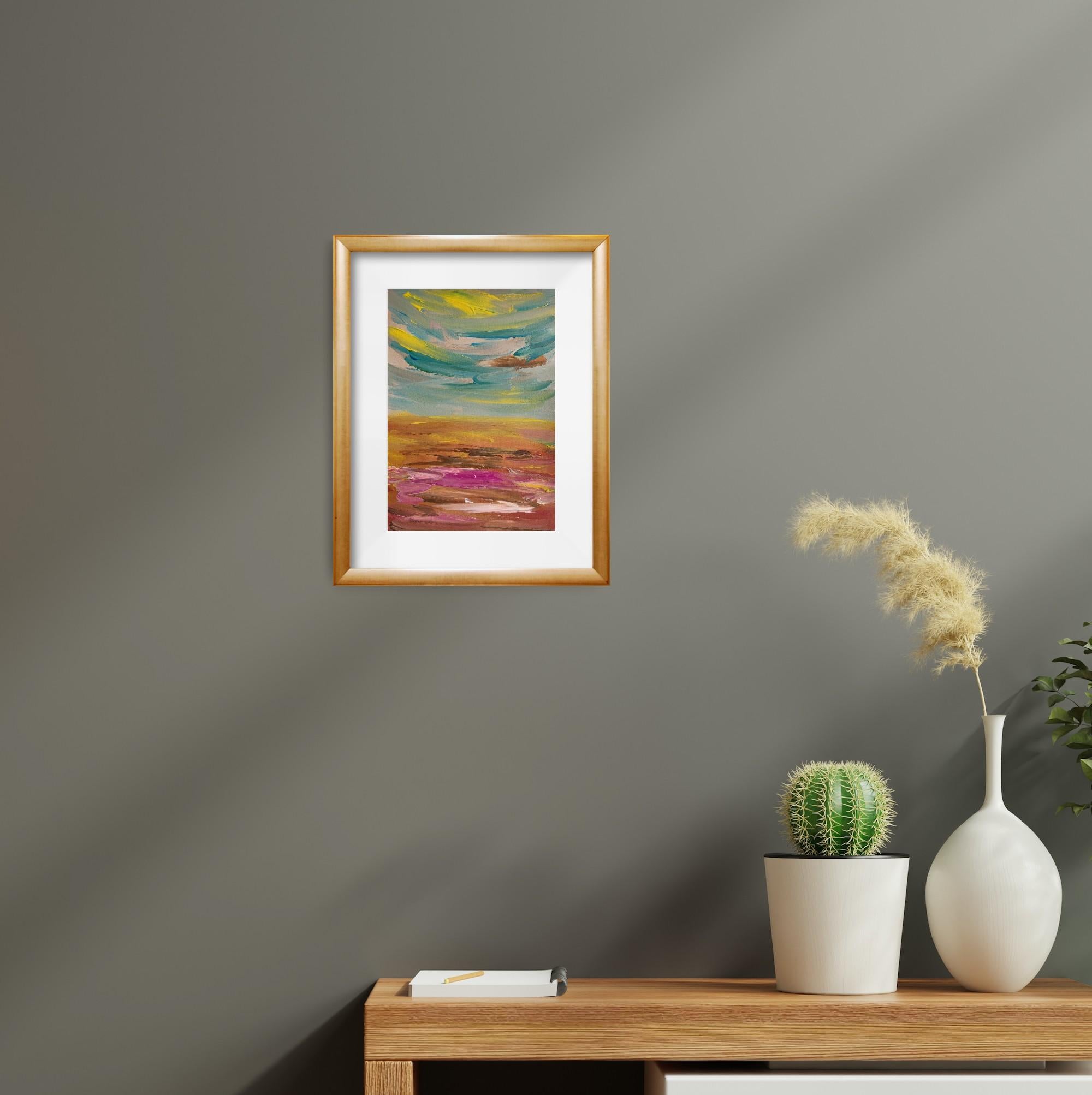 Pittura acrilica astratta contemporanea su carta di un paesaggio marino impressionista - Painting di Mougenot Natalya