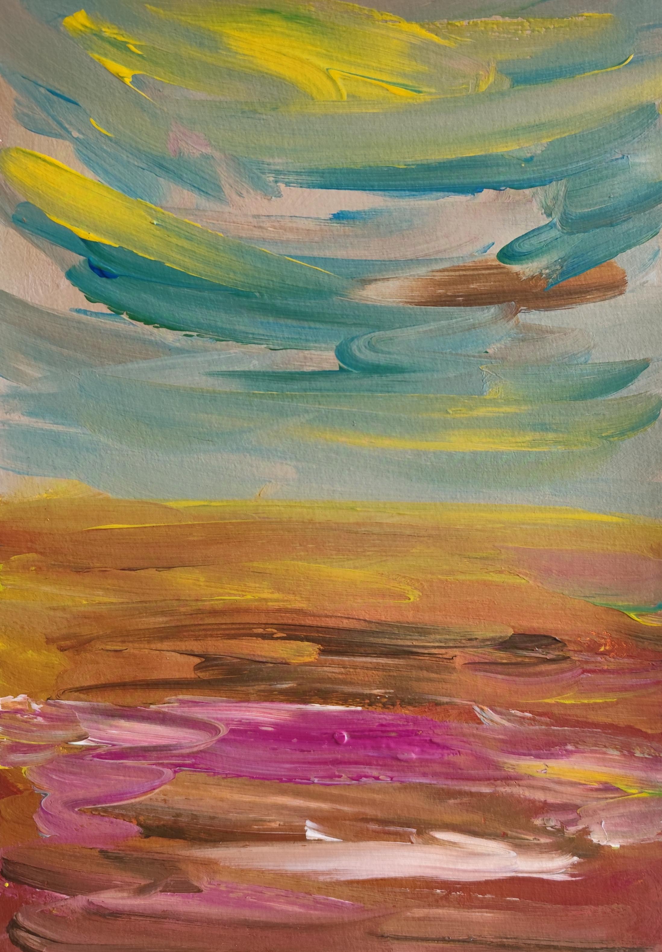 Abstract Painting di Mougenot Natalya - Pittura acrilica astratta contemporanea su carta di un paesaggio marino impressionista