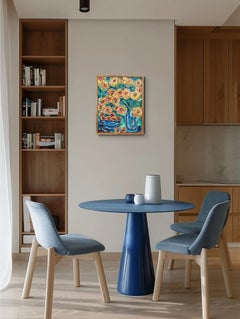 "Golden table" Contemporary figurative still life floral apple painting on paper