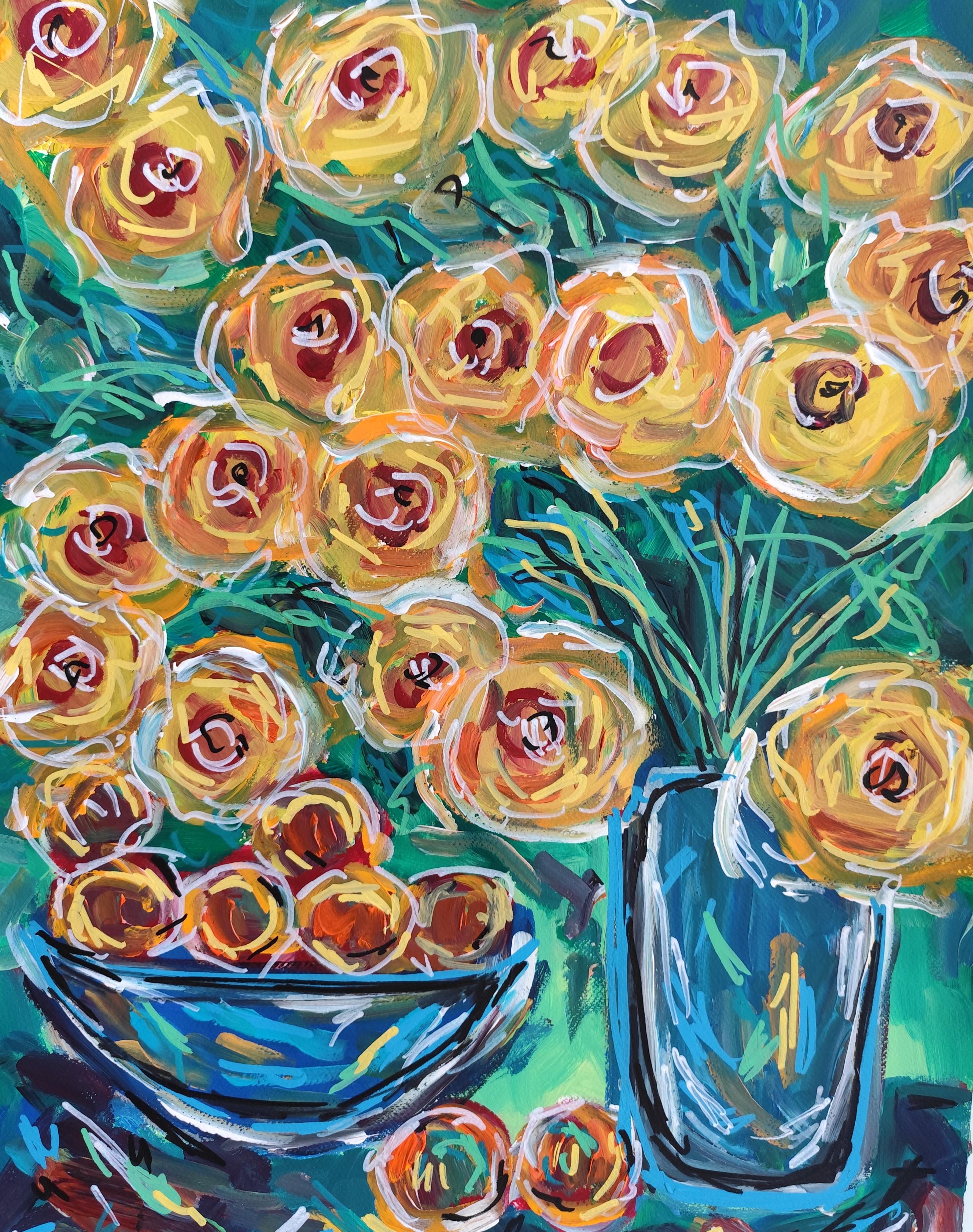 Mougenot Natalya Figurative Painting - "Golden table" Contemporary figurative still life floral apple painting on paper