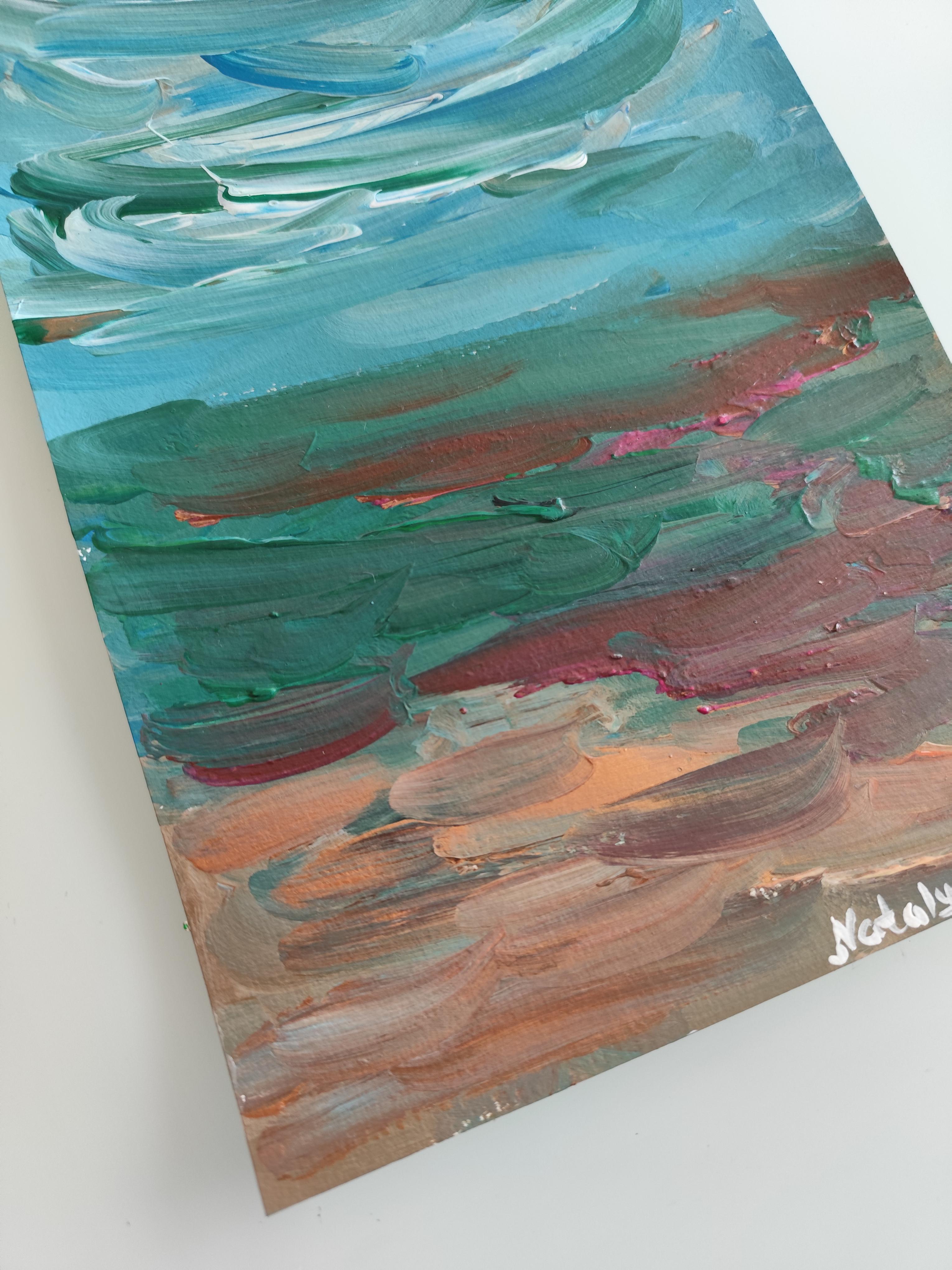 Paisaje marino abstracto impresionista contemporáneo pintura acrílica sobre papel en venta 5