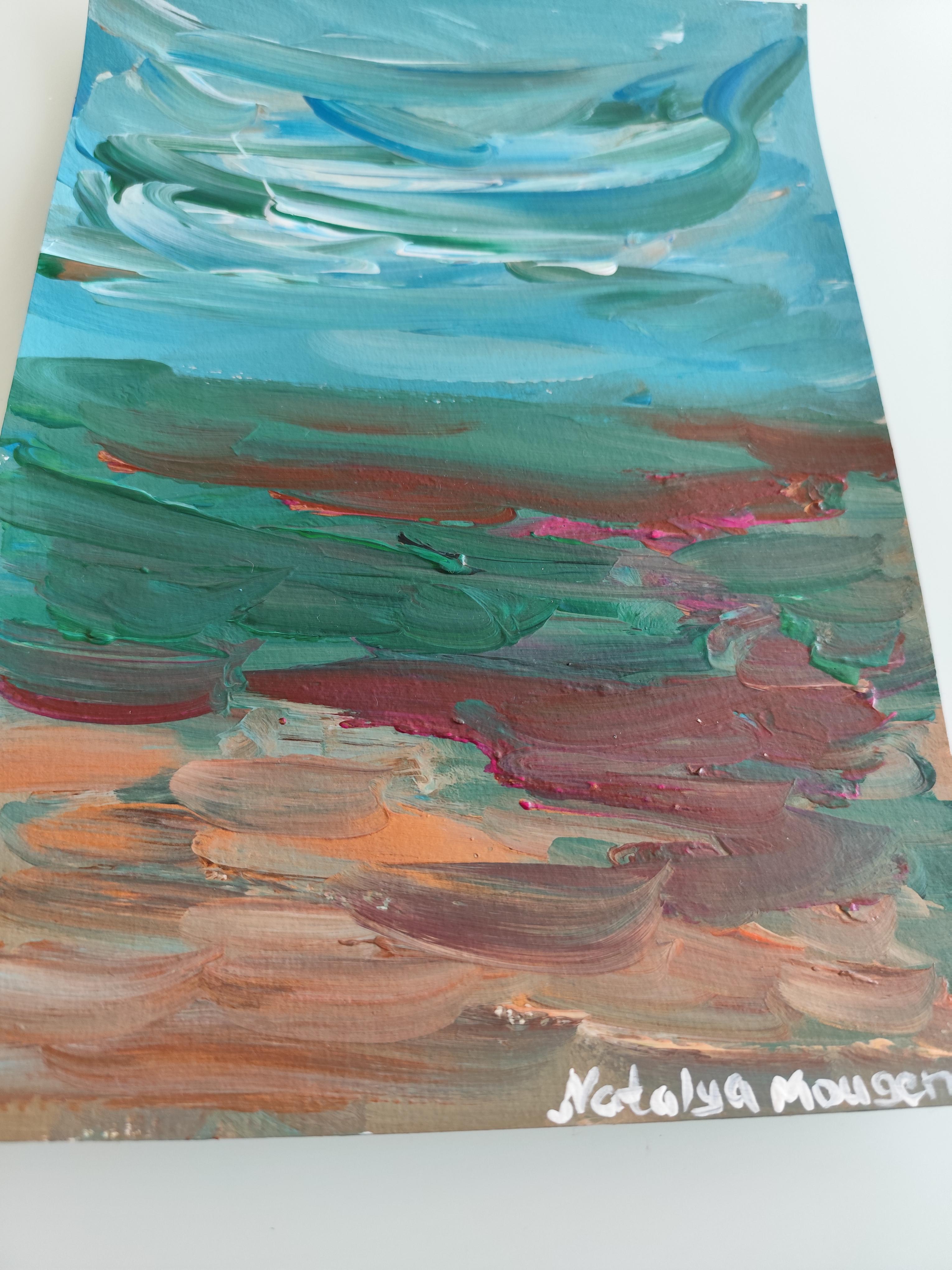 Paisaje marino abstracto impresionista contemporáneo pintura acrílica sobre papel en venta 7