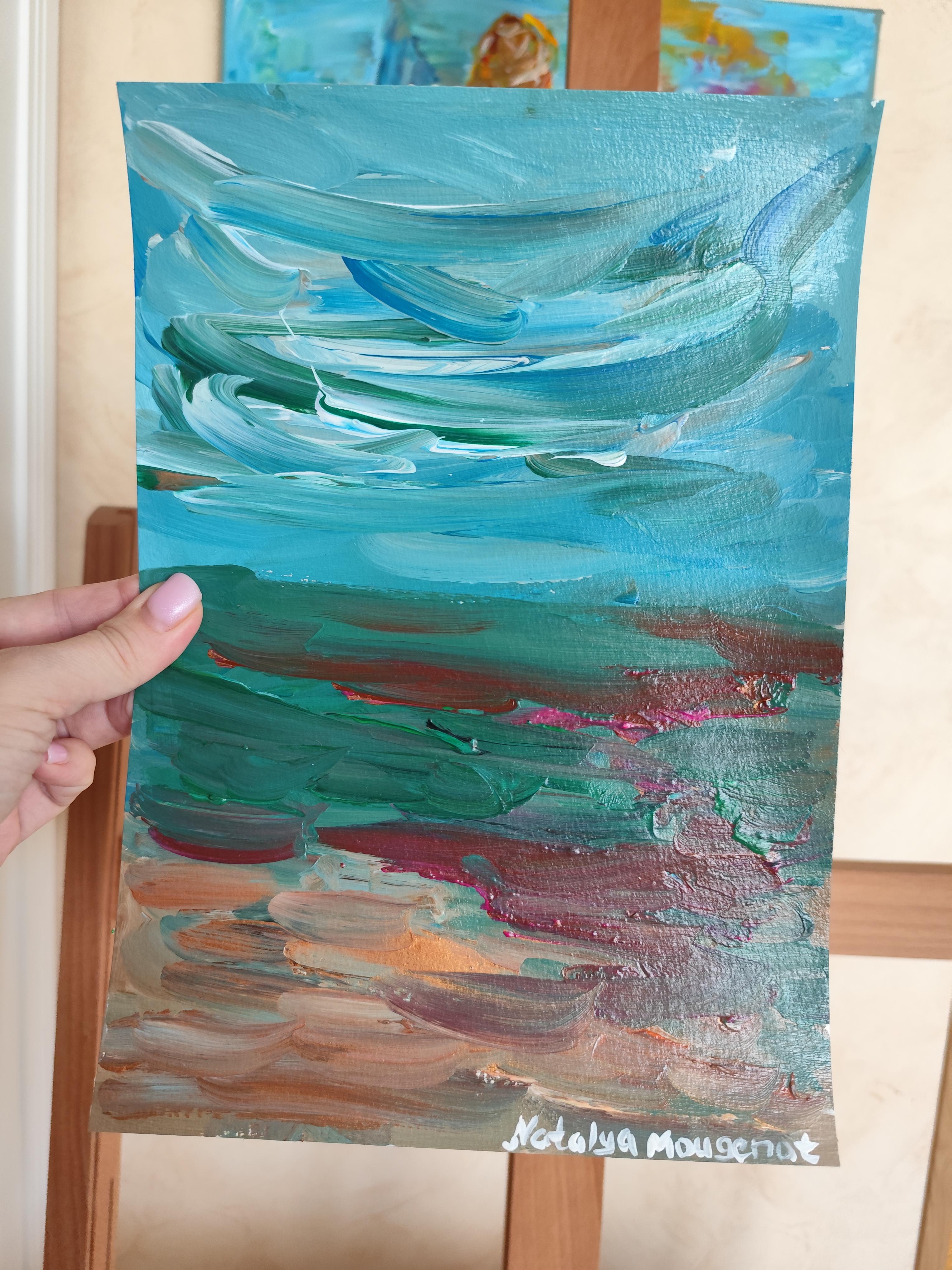 Paisaje marino abstracto impresionista contemporáneo pintura acrílica sobre papel en venta 10