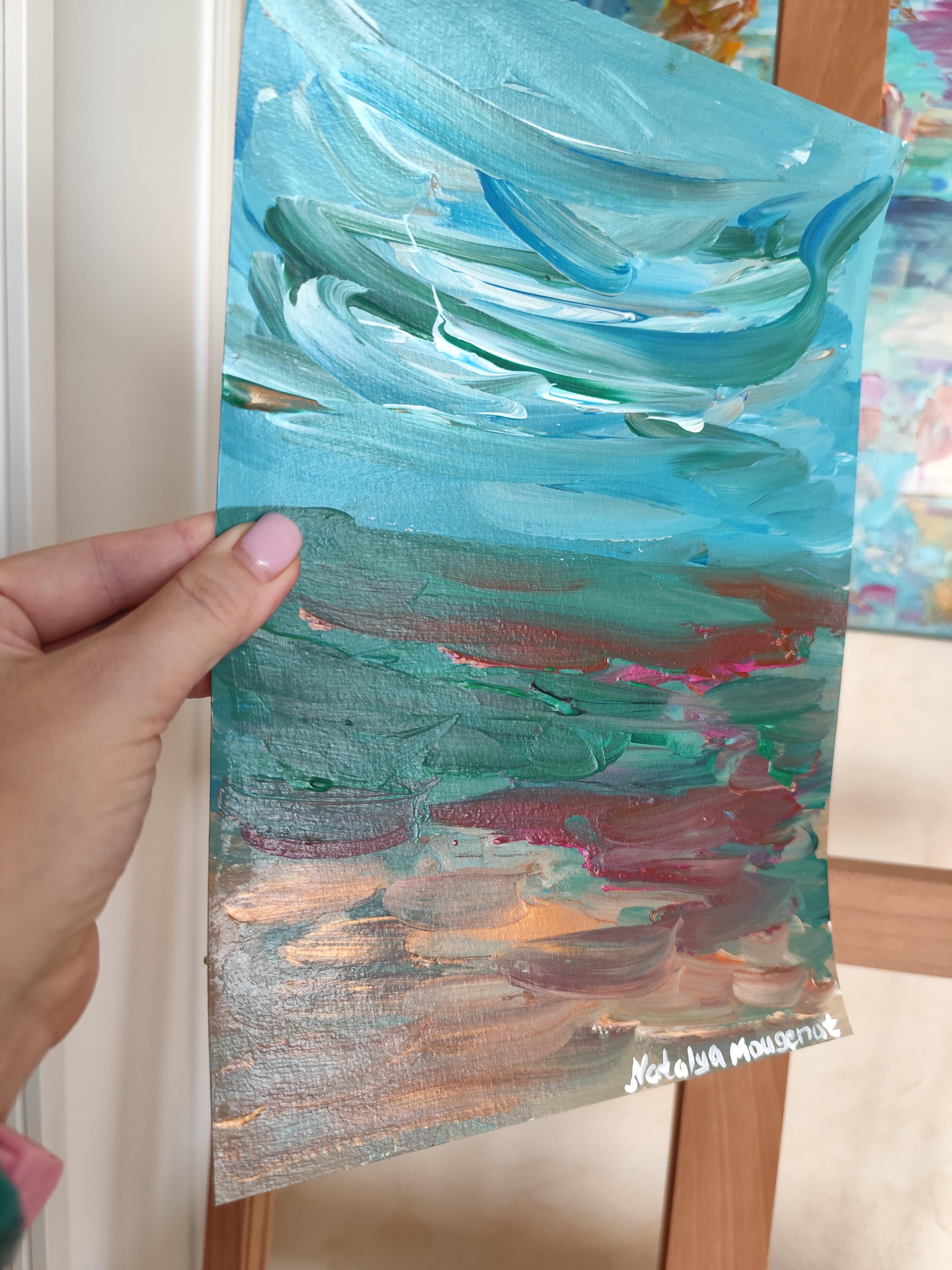 Paisaje marino abstracto impresionista contemporáneo pintura acrílica sobre papel en venta 11