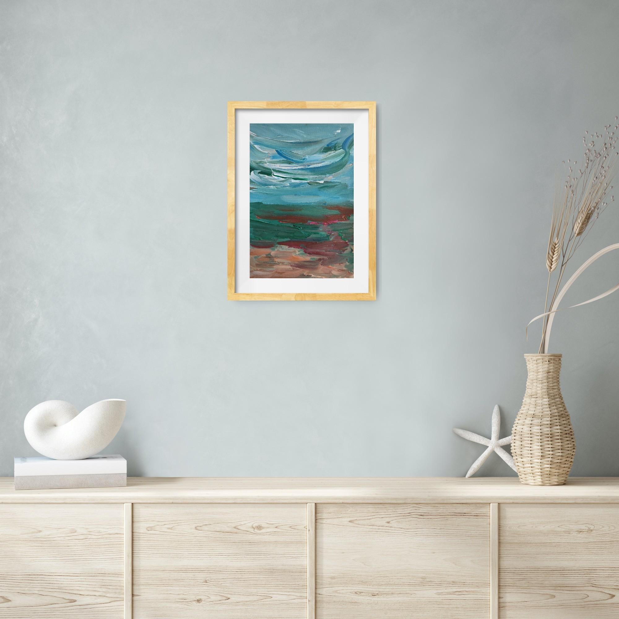 Paisaje marino abstracto impresionista contemporáneo pintura acrílica sobre papel en venta 1
