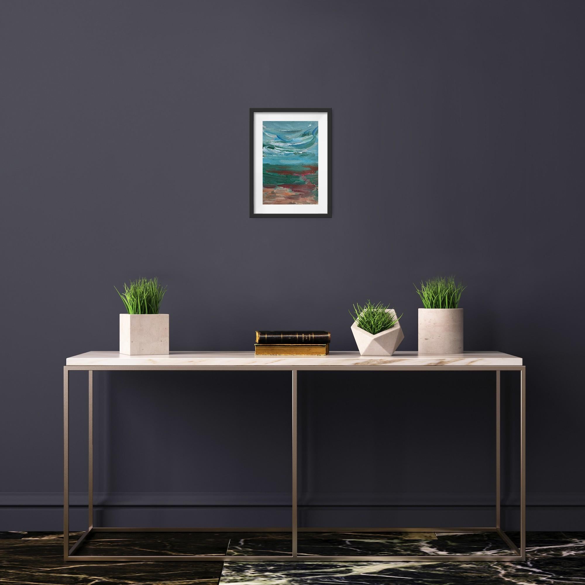 Paisaje marino abstracto impresionista contemporáneo pintura acrílica sobre papel en venta 2