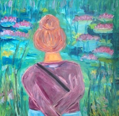 "Me encantan los nenúfares"( gran óleo figurativo de una mujer sobre lienzo)
