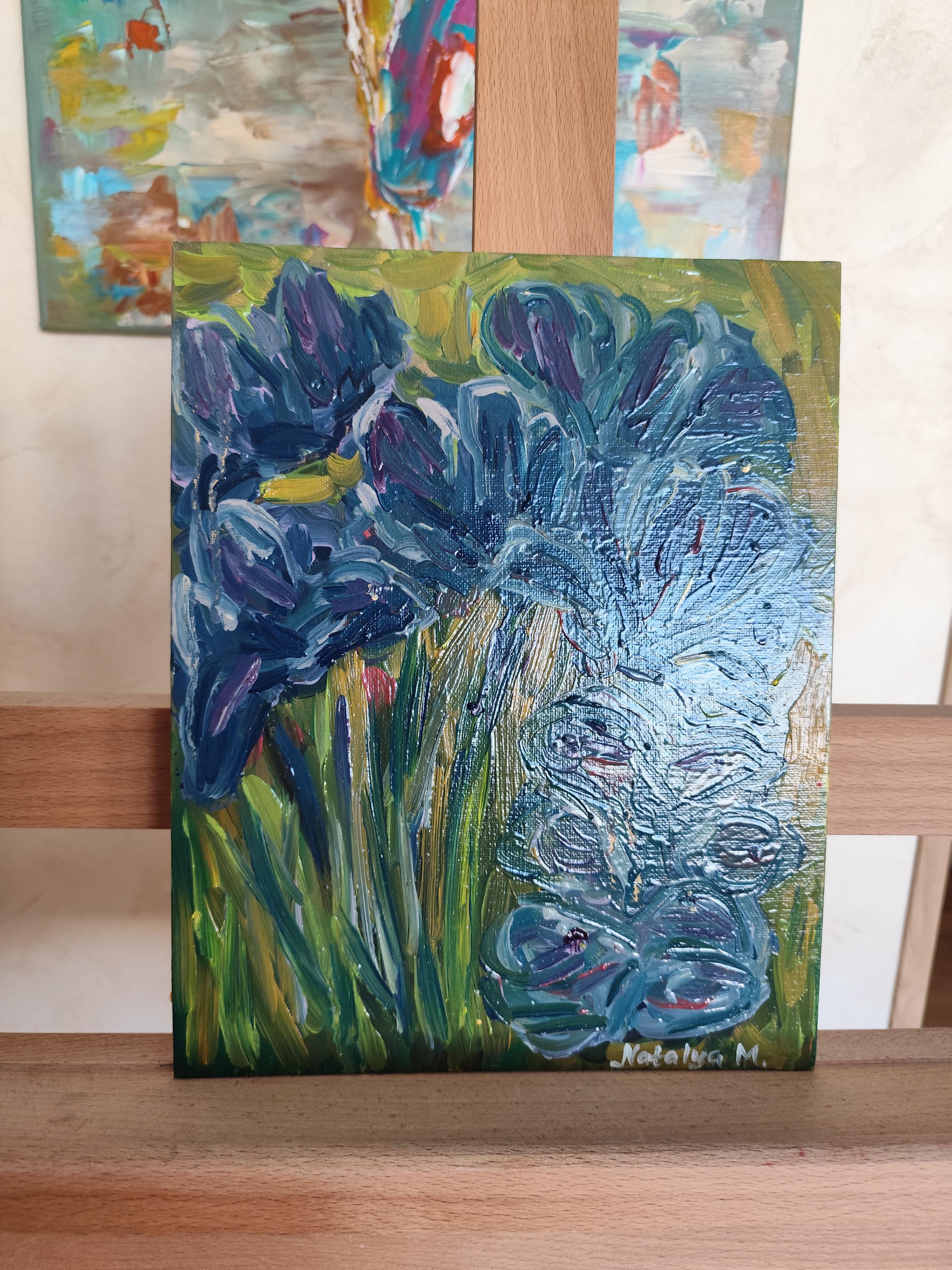 Impressionistisches ausdrucksstarkes Öl-Blumengemälde auf Karton „Iris dreams in bloom“ im Angebot 5