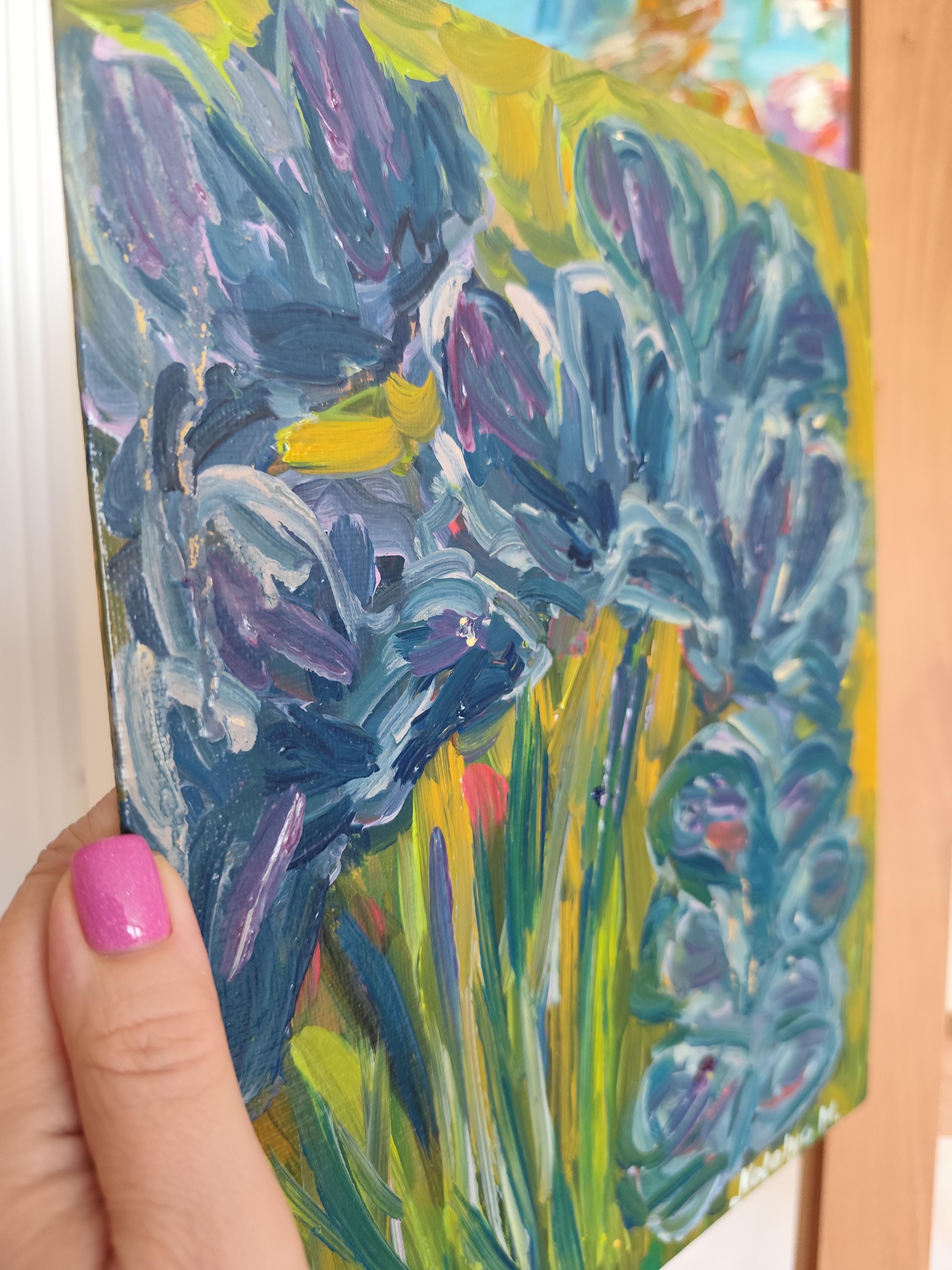 Impressionistisches ausdrucksstarkes Öl-Blumengemälde auf Karton „Iris dreams in bloom“ im Angebot 6