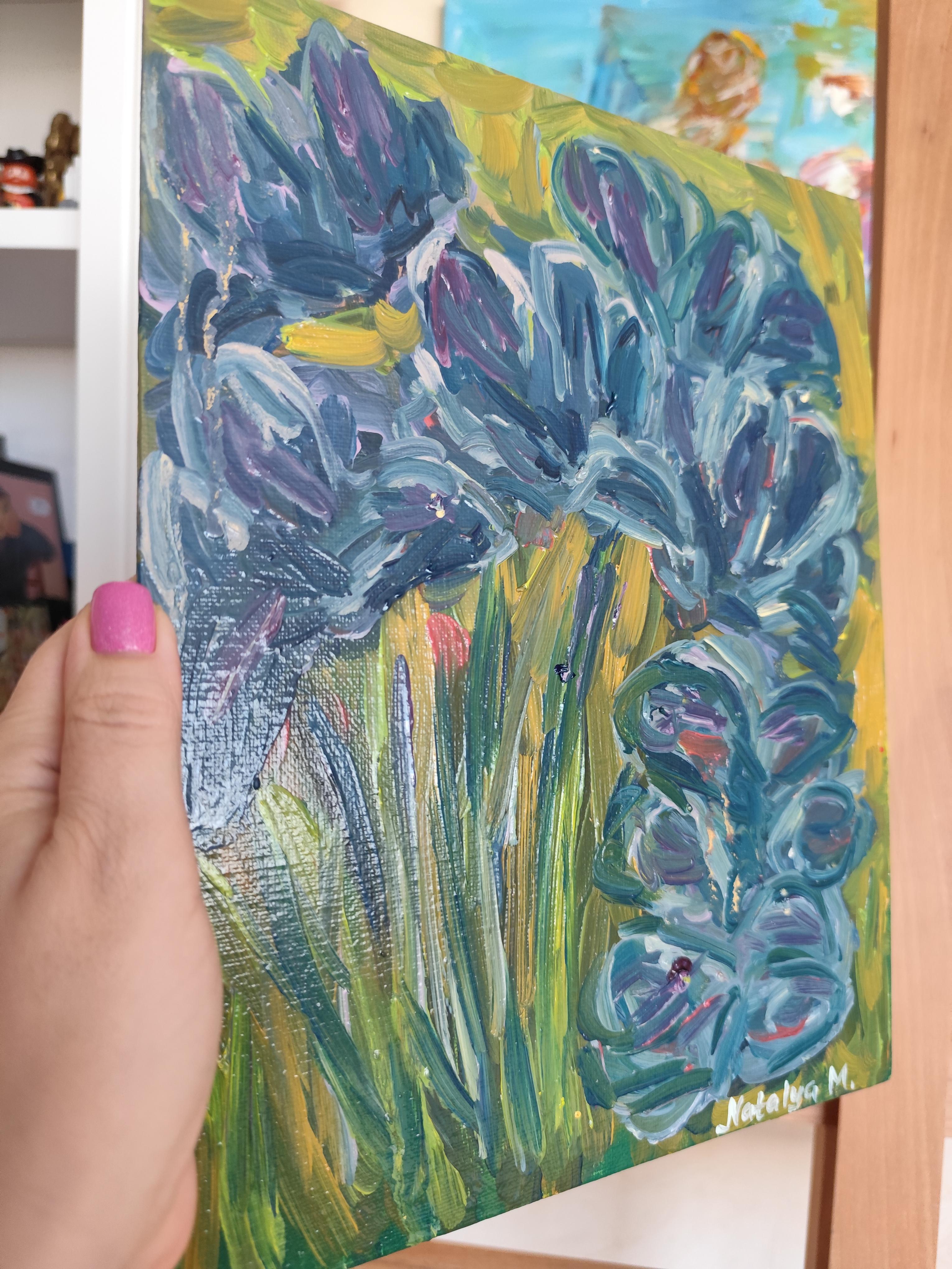 Impressionistisches ausdrucksstarkes Öl-Blumengemälde auf Karton „Iris dreams in bloom“ im Angebot 8