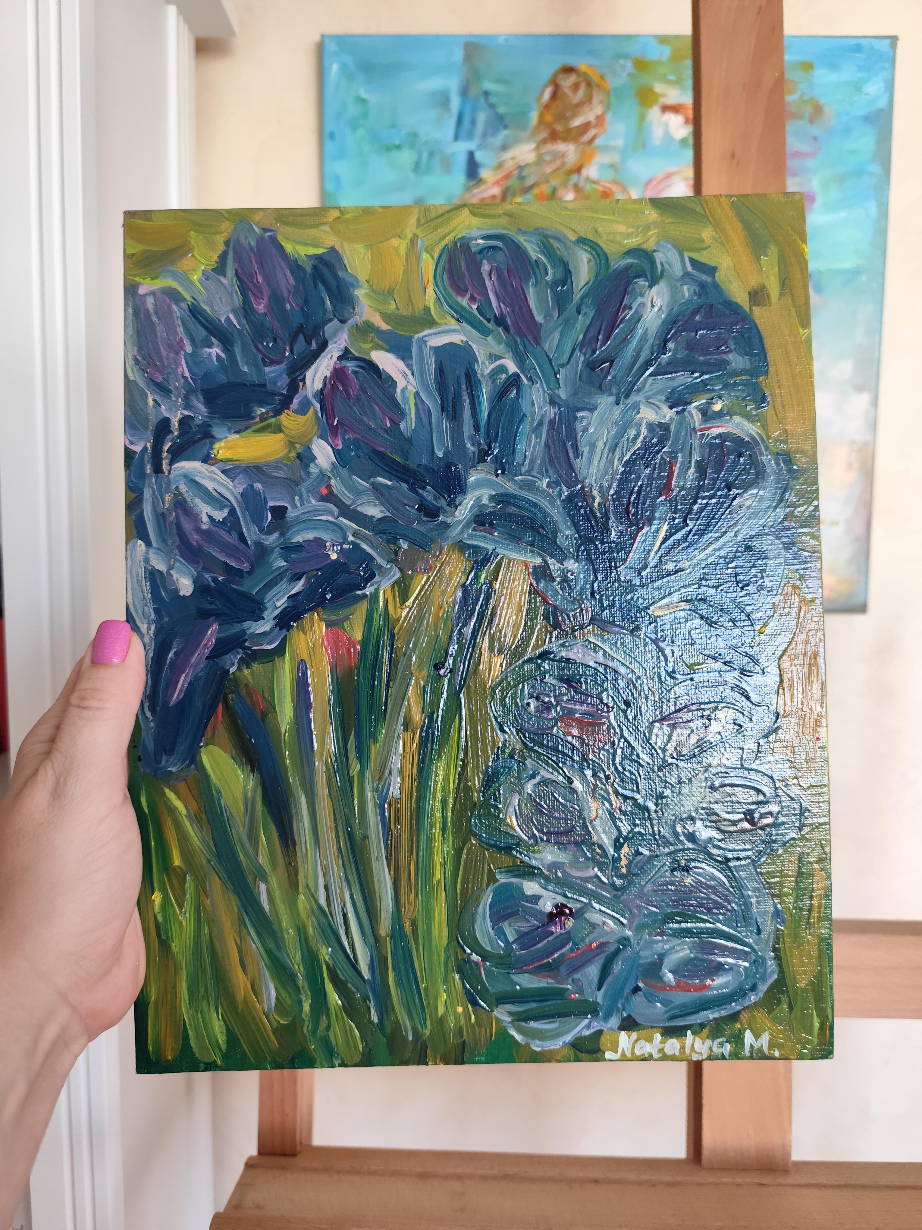 Impressionistisches ausdrucksstarkes Öl-Blumengemälde auf Karton „Iris dreams in bloom“ im Angebot 9