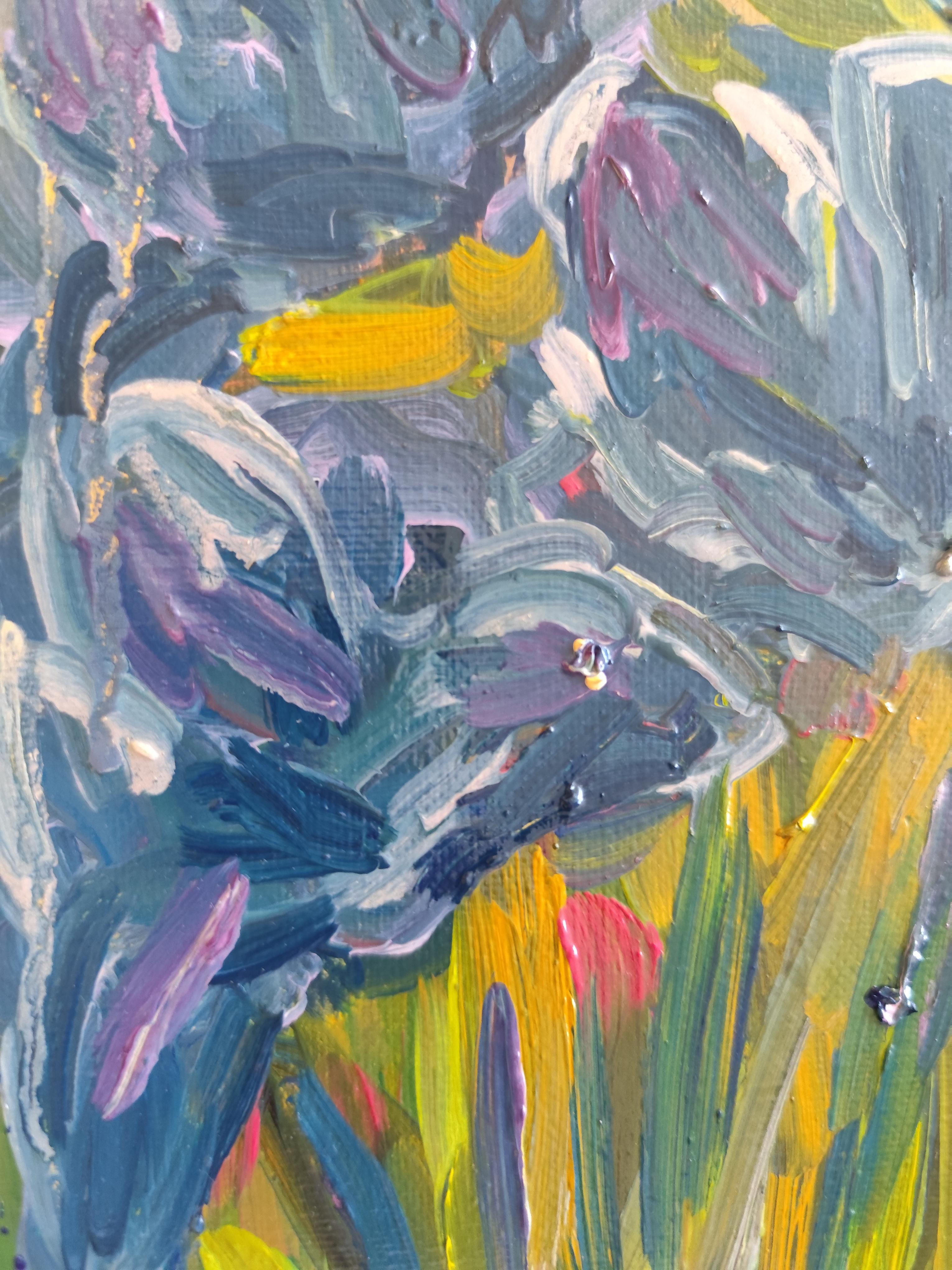 Impressionistisches ausdrucksstarkes Öl-Blumengemälde auf Karton „Iris dreams in bloom“ im Angebot 14