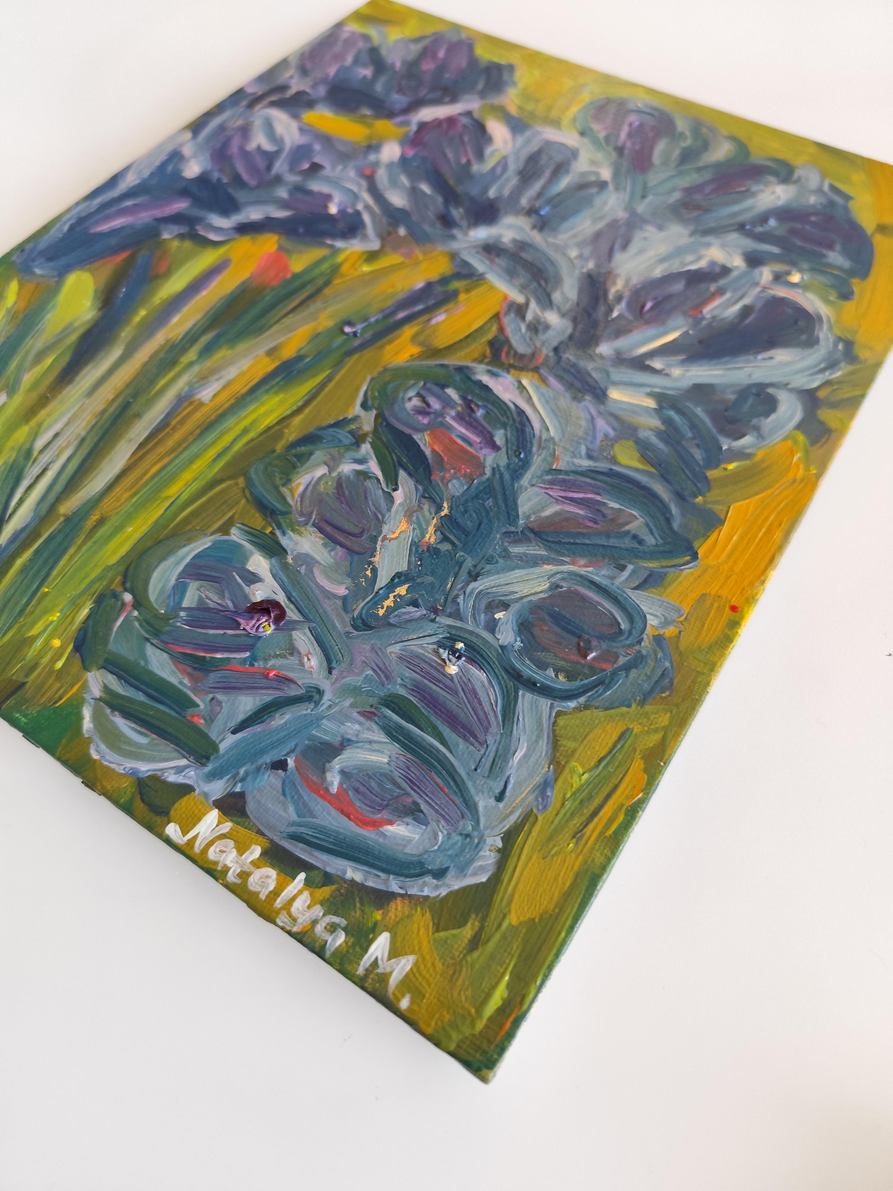 Impressionistisches ausdrucksstarkes Öl-Blumengemälde auf Karton „Iris dreams in bloom“ im Angebot 15