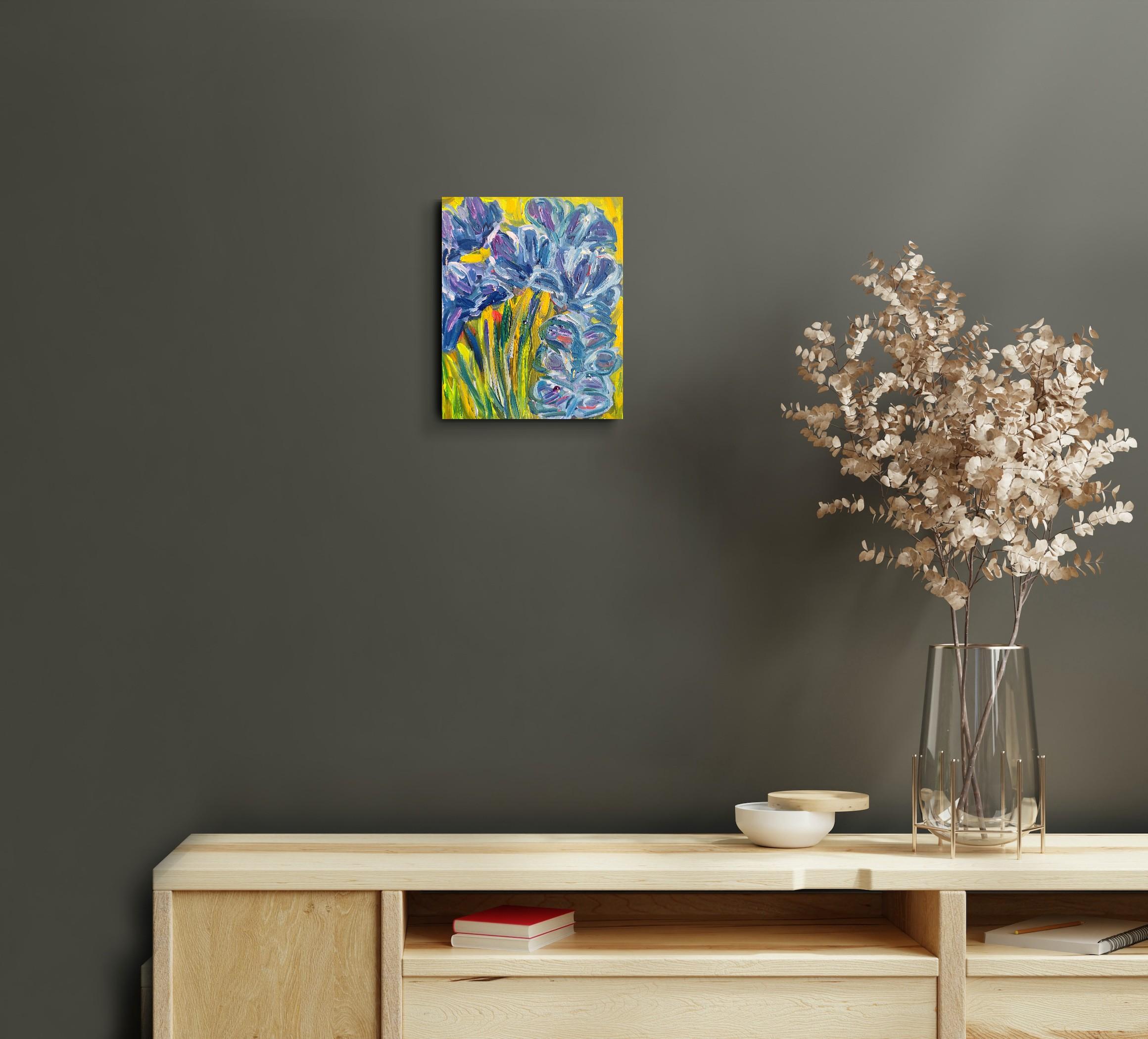 Impressionistisches ausdrucksstarkes Öl-Blumengemälde auf Karton „Iris dreams in bloom“ (Abstrakter Impressionismus), Painting, von Mougenot Natalya