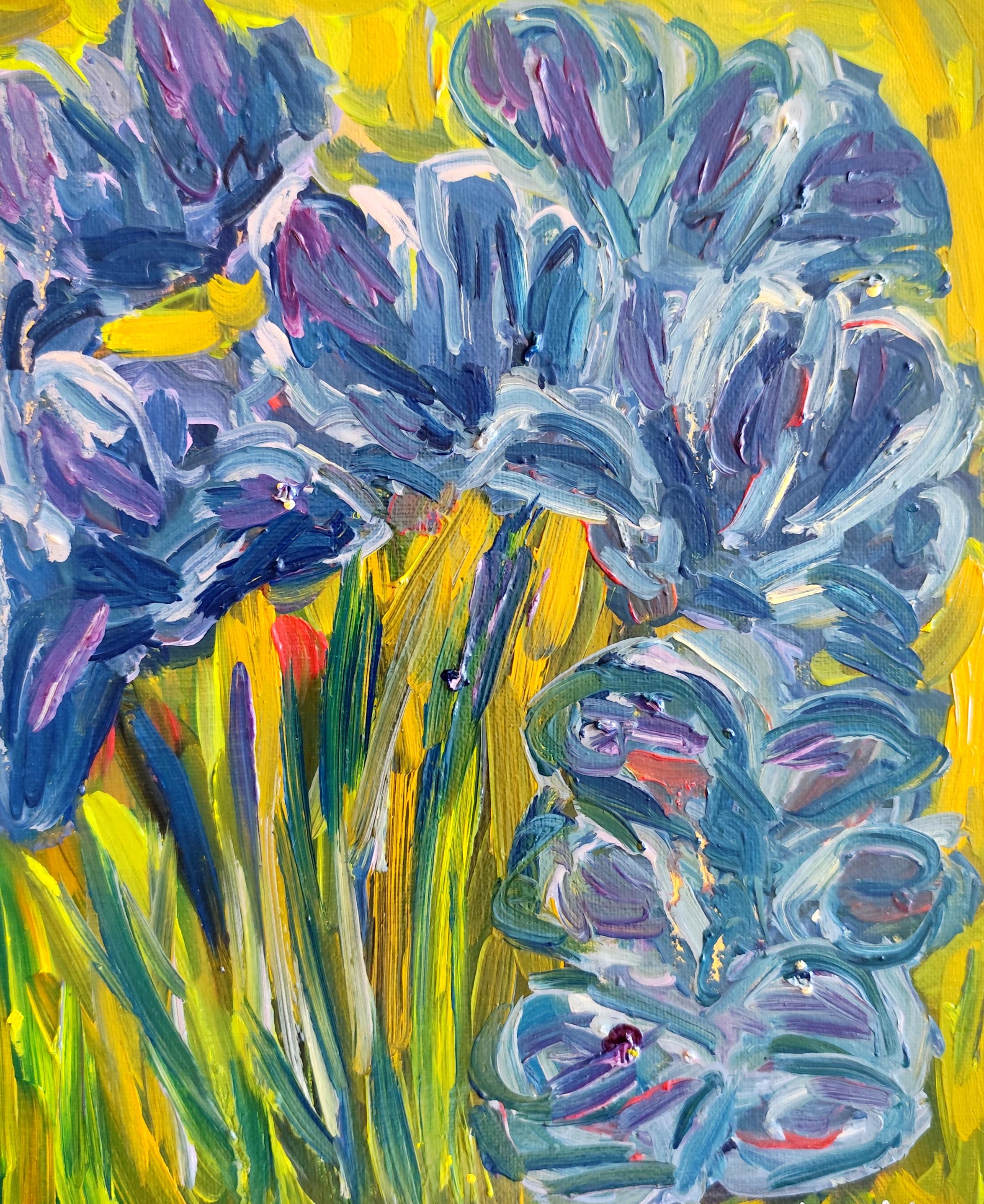 Pintura floral expresiva impresionista al óleo sobre tabla "Sueños de iris en flor"