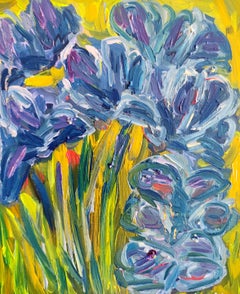 Peinture à l'huile florale expressive impressionniste sur carton « Iris rêves in bloom »