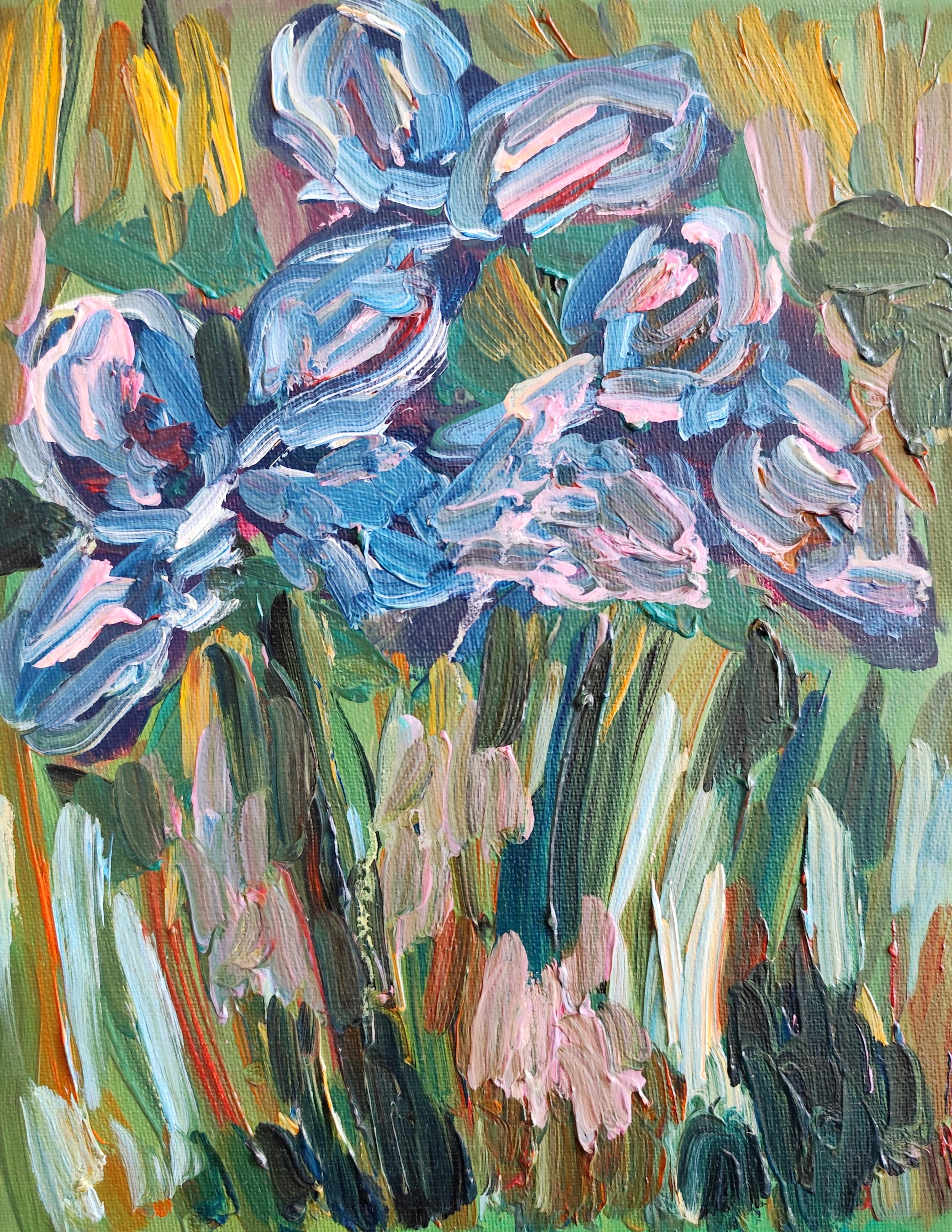 Dipinto floreale ad olio impressionista su tela "Canzone degli iris estivi".