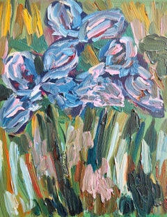 Peinture à l'huile florale expressive impressionniste sur toile « Parmi les iris d'été »