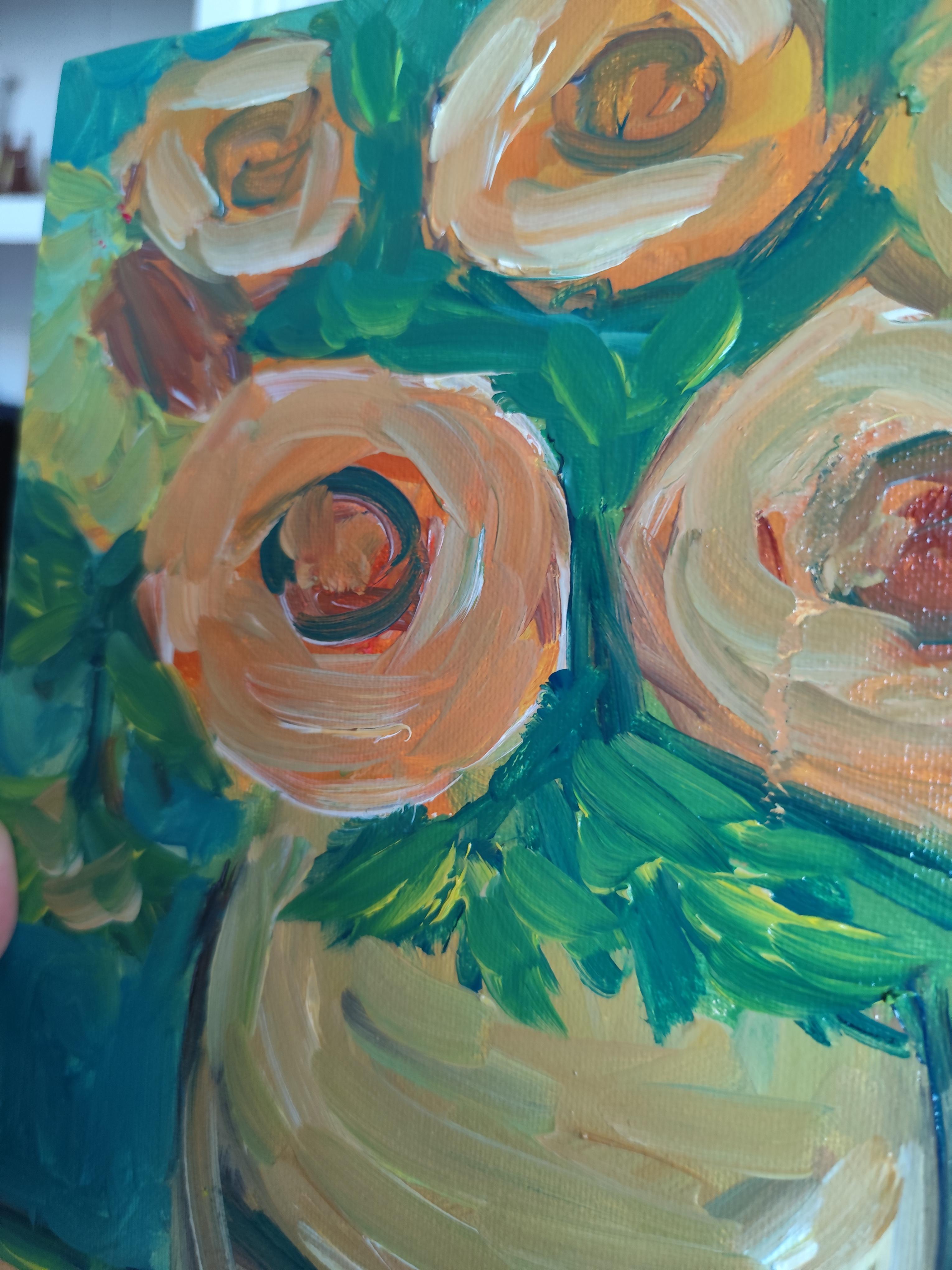 Pintura floral expresiva impresionista al óleo sobre tabla 