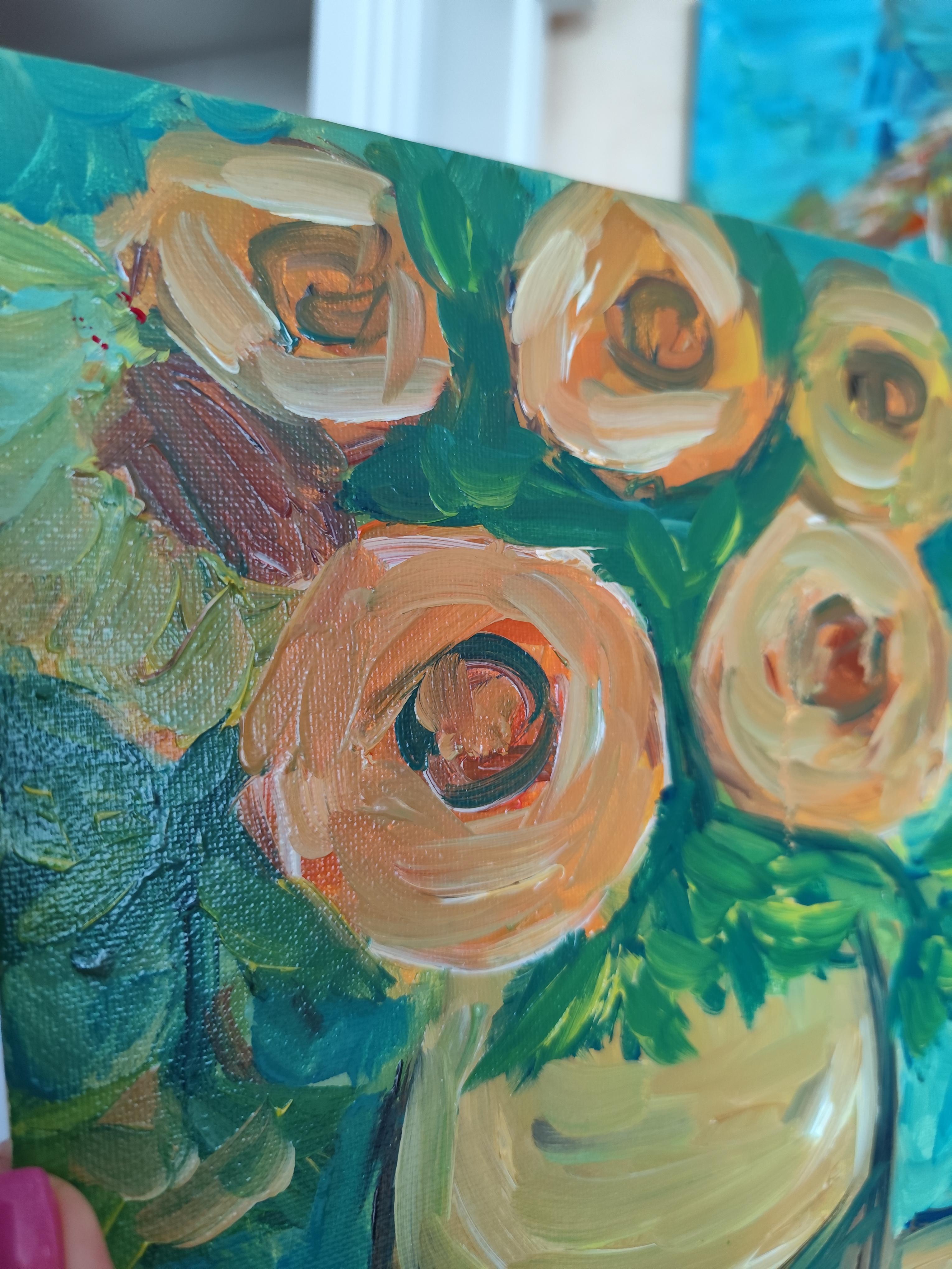 Pintura floral expresiva impresionista al óleo sobre tabla 