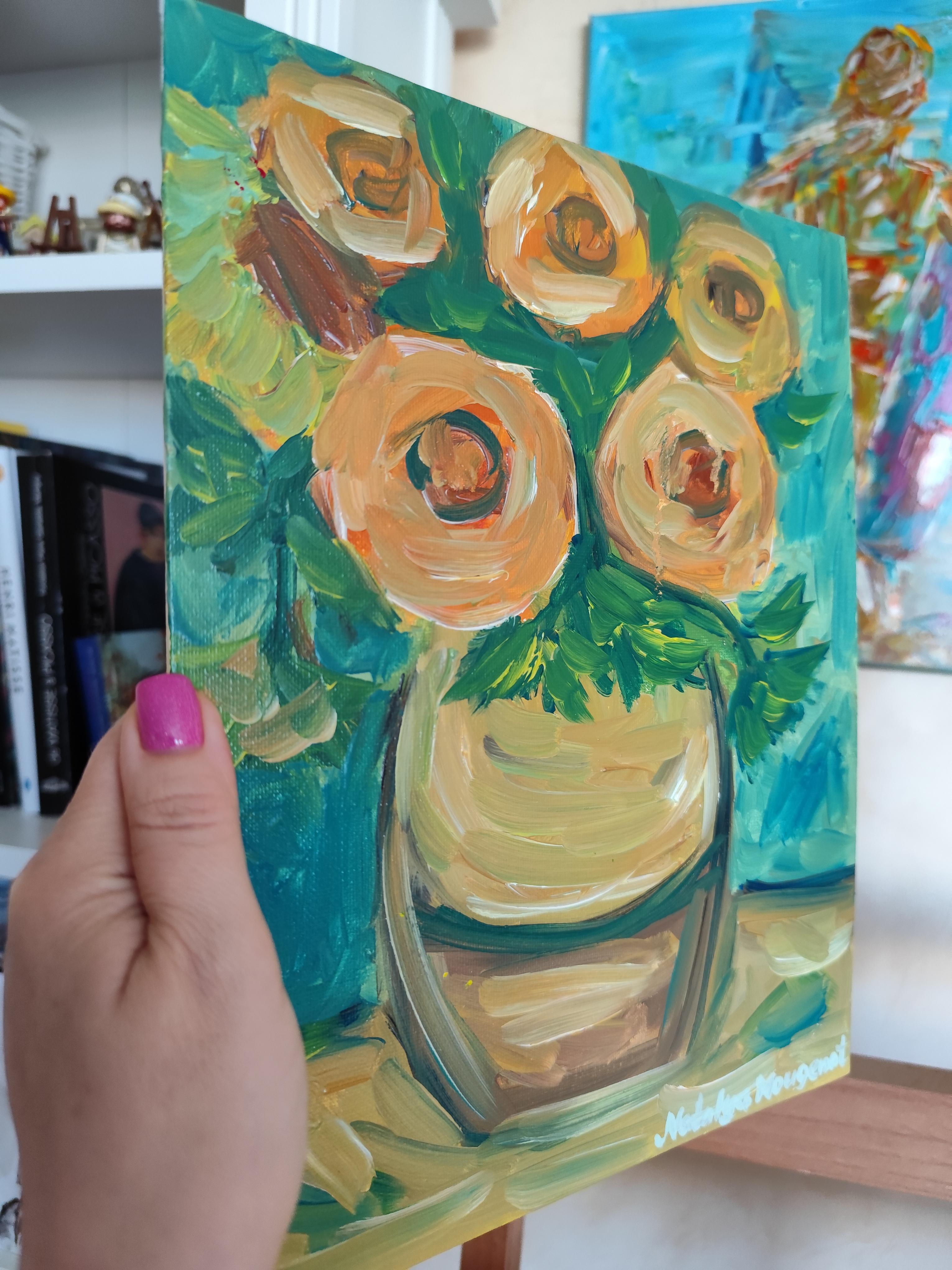 Pintura floral expresiva impresionista al óleo sobre tabla 