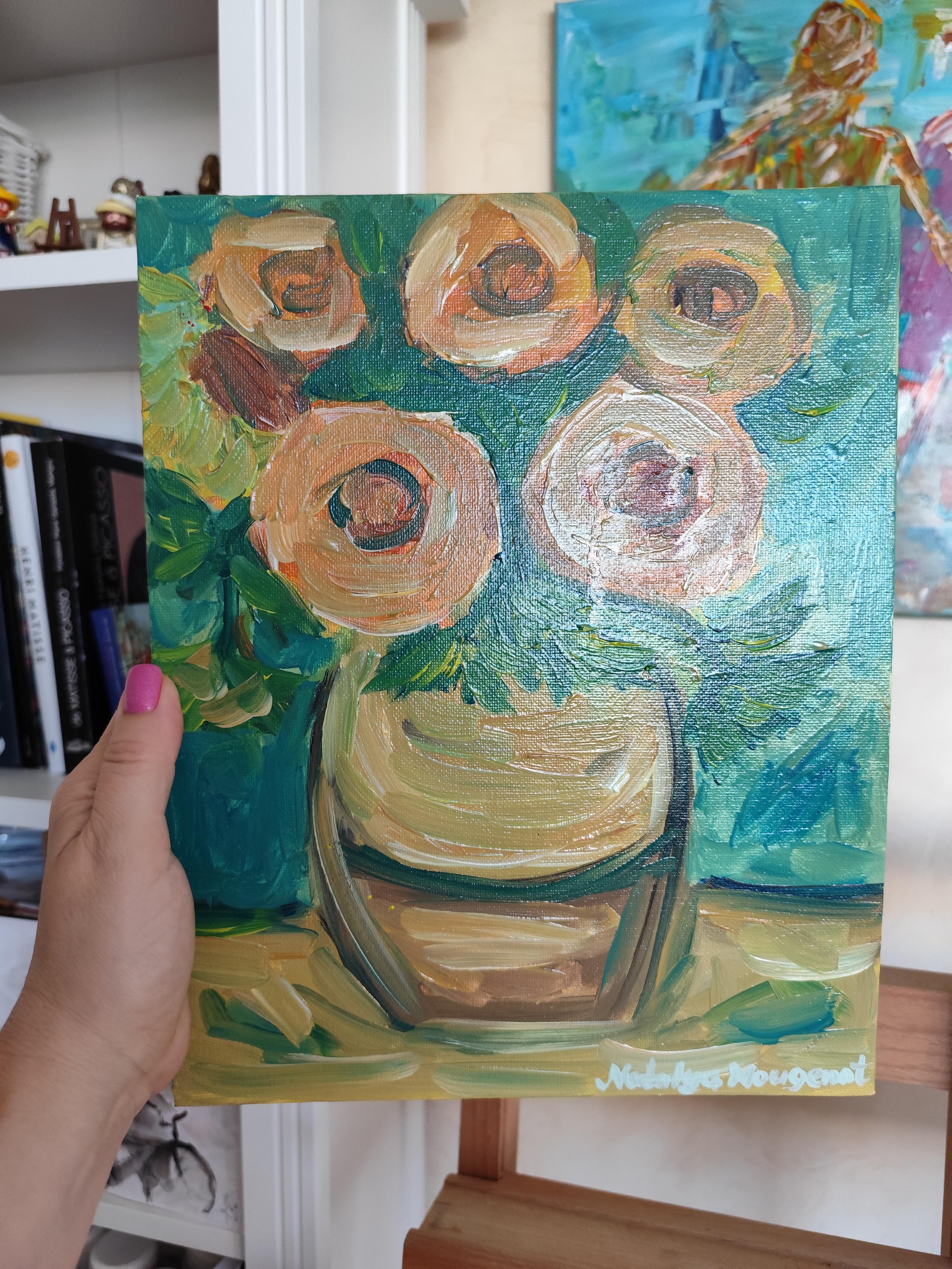 Pintura floral expresiva impresionista al óleo sobre tabla 