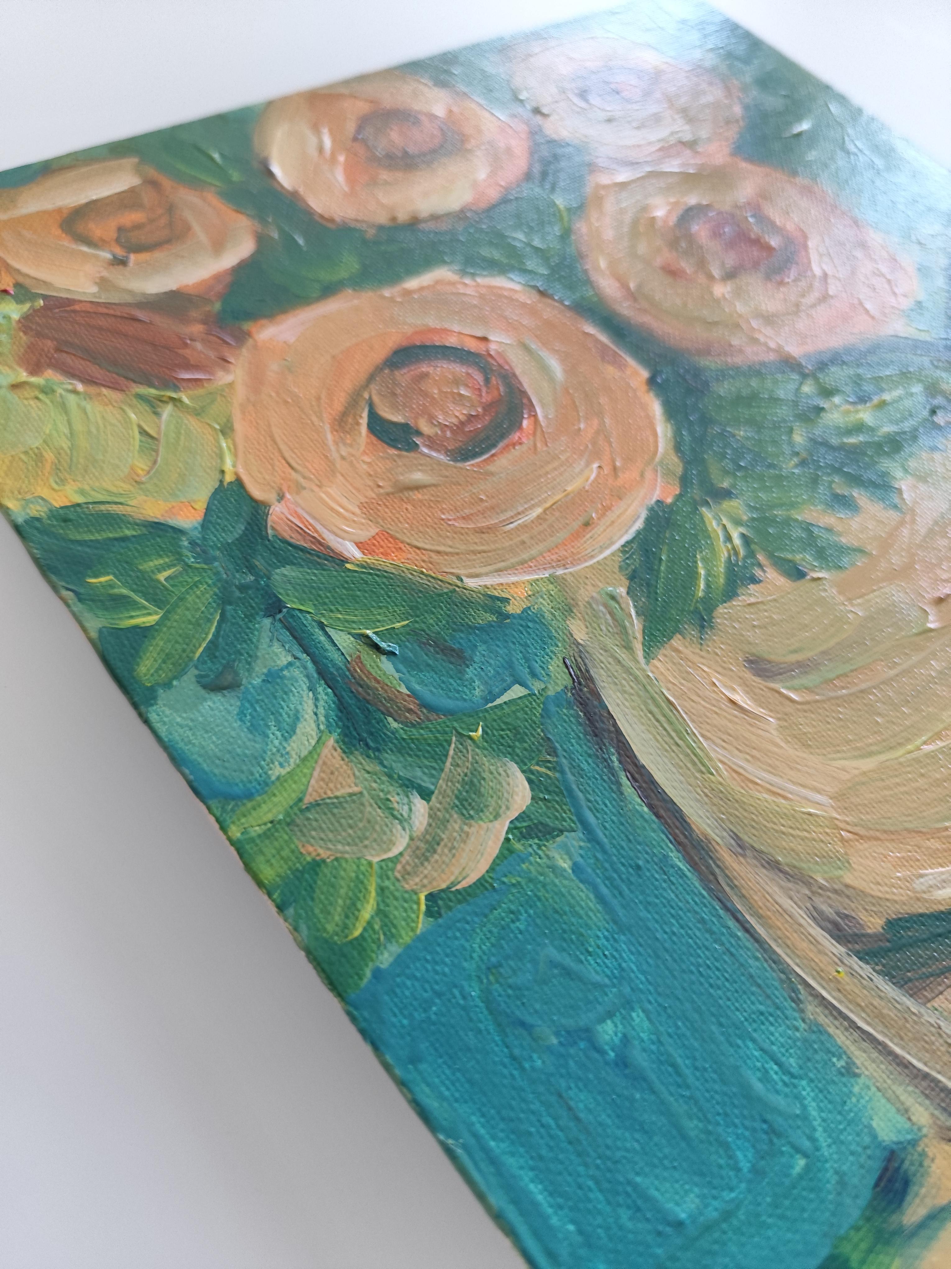 Pintura floral expresiva impresionista al óleo sobre tabla 