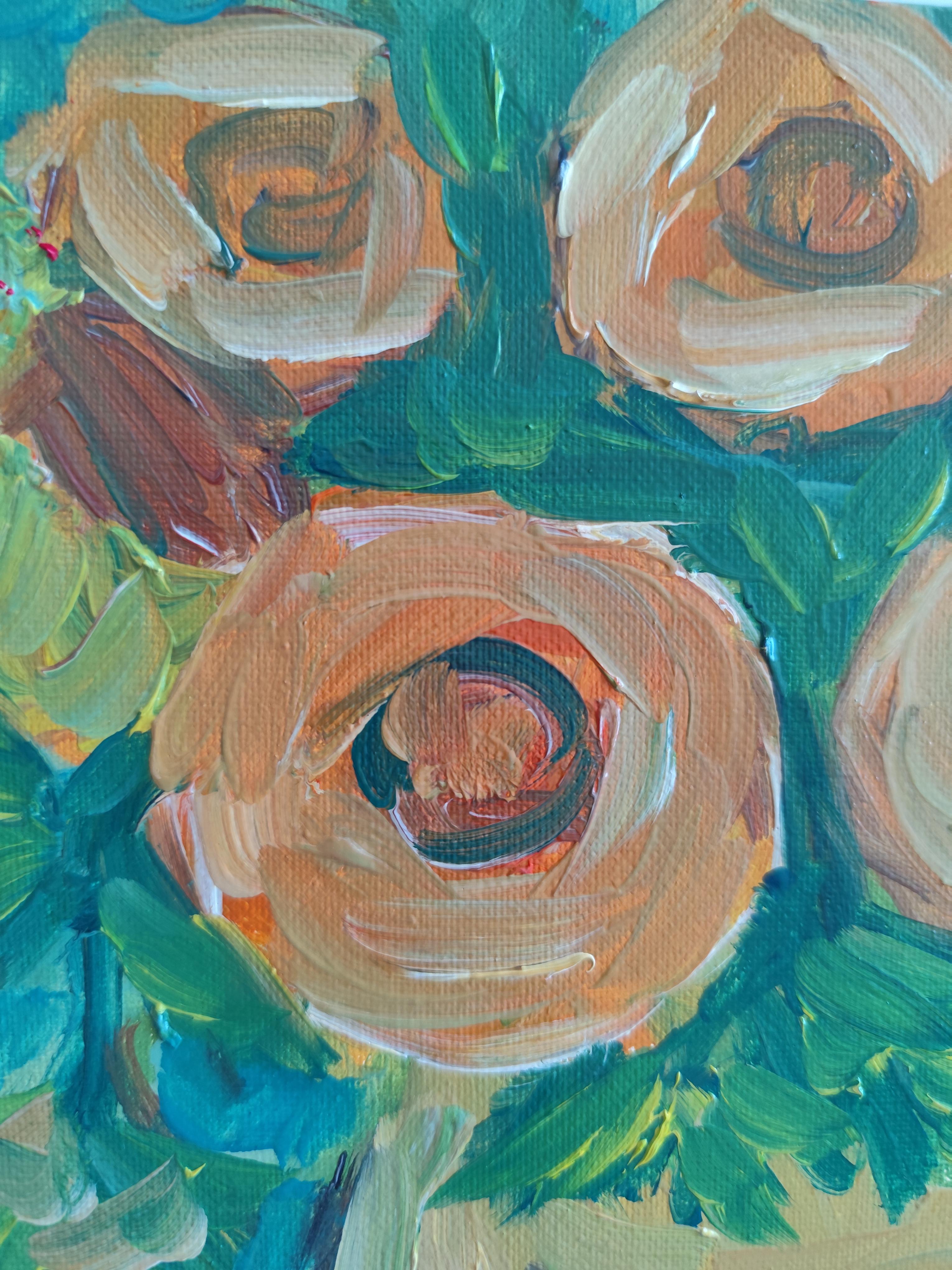 Pintura floral expresiva impresionista al óleo sobre tabla 