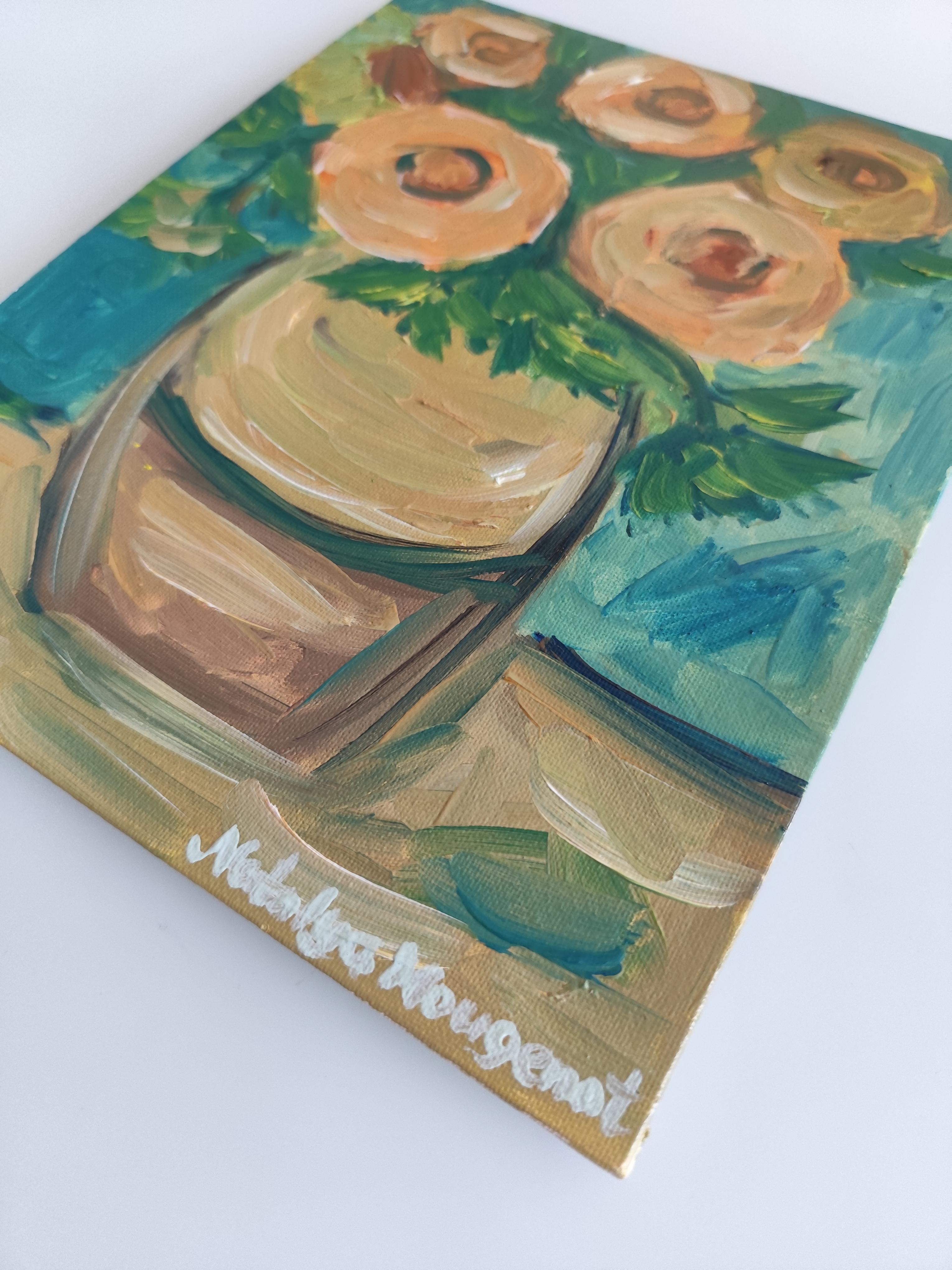 Pintura floral expresiva impresionista al óleo sobre tabla 