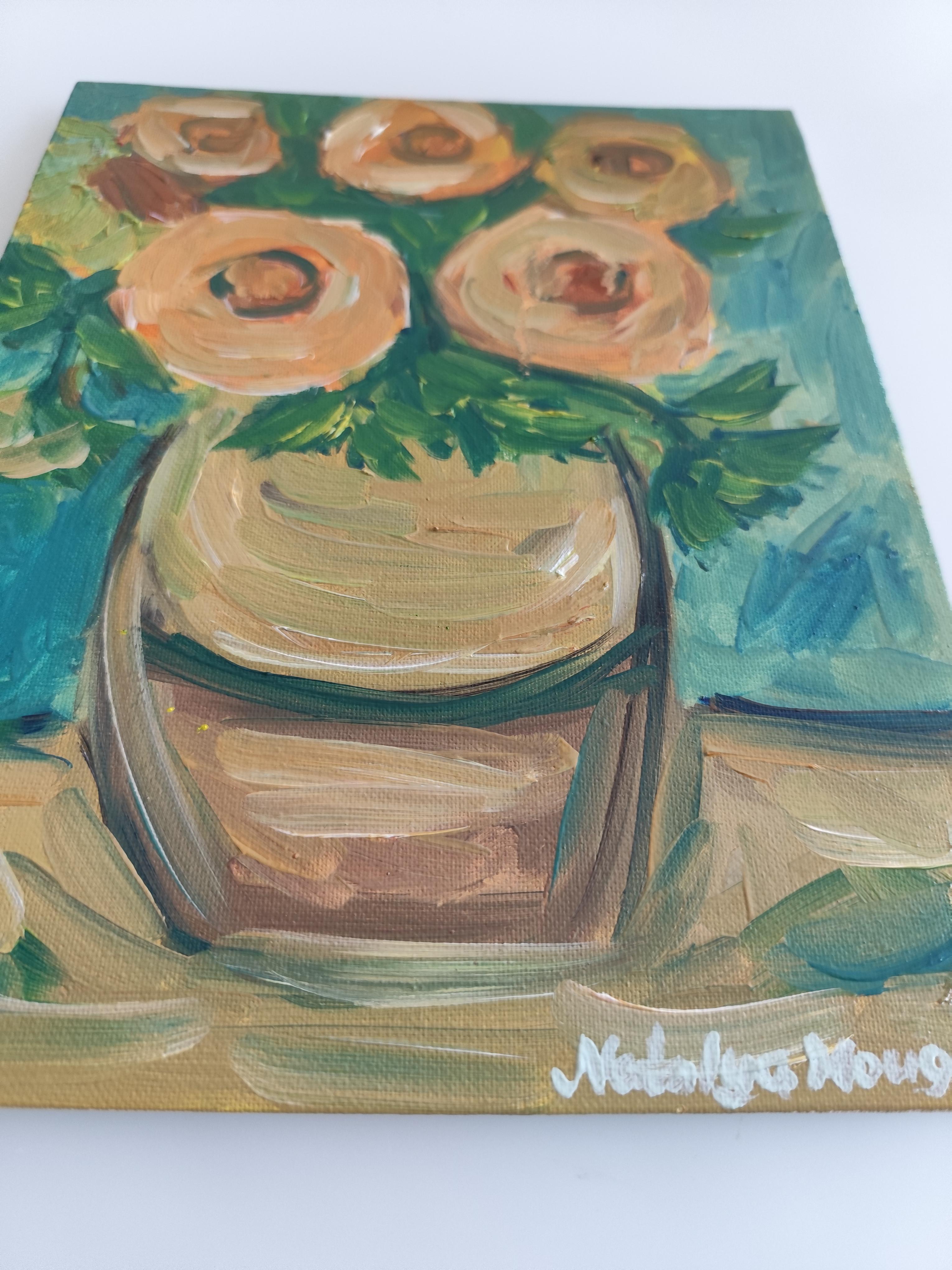 Pintura floral expresiva impresionista al óleo sobre tabla 