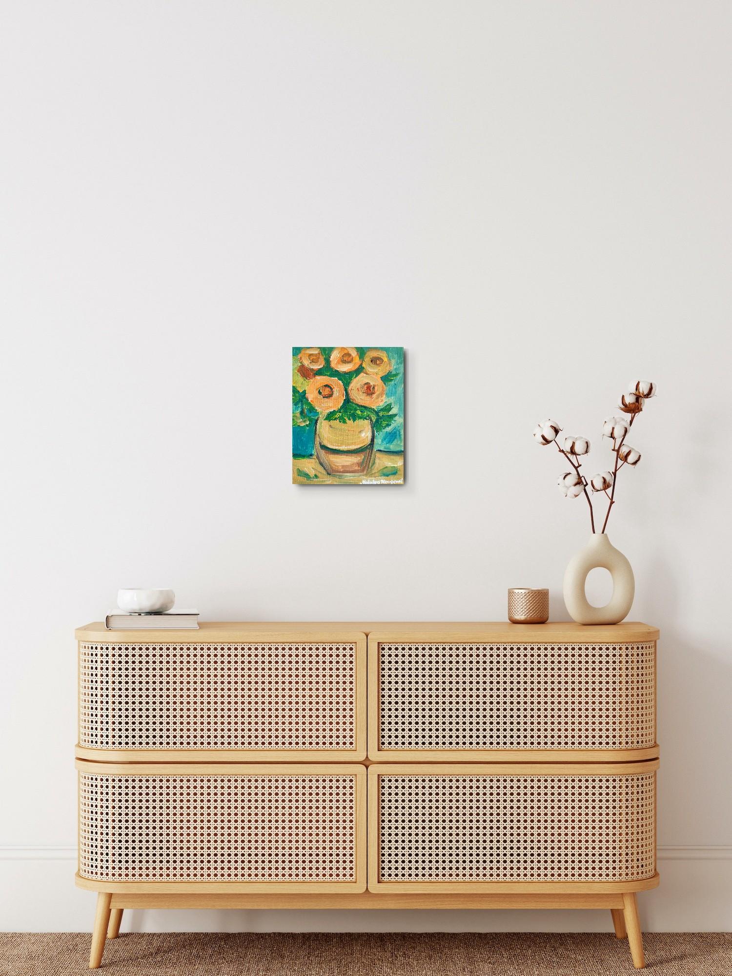 Pintura floral expresiva impresionista al óleo sobre tabla 