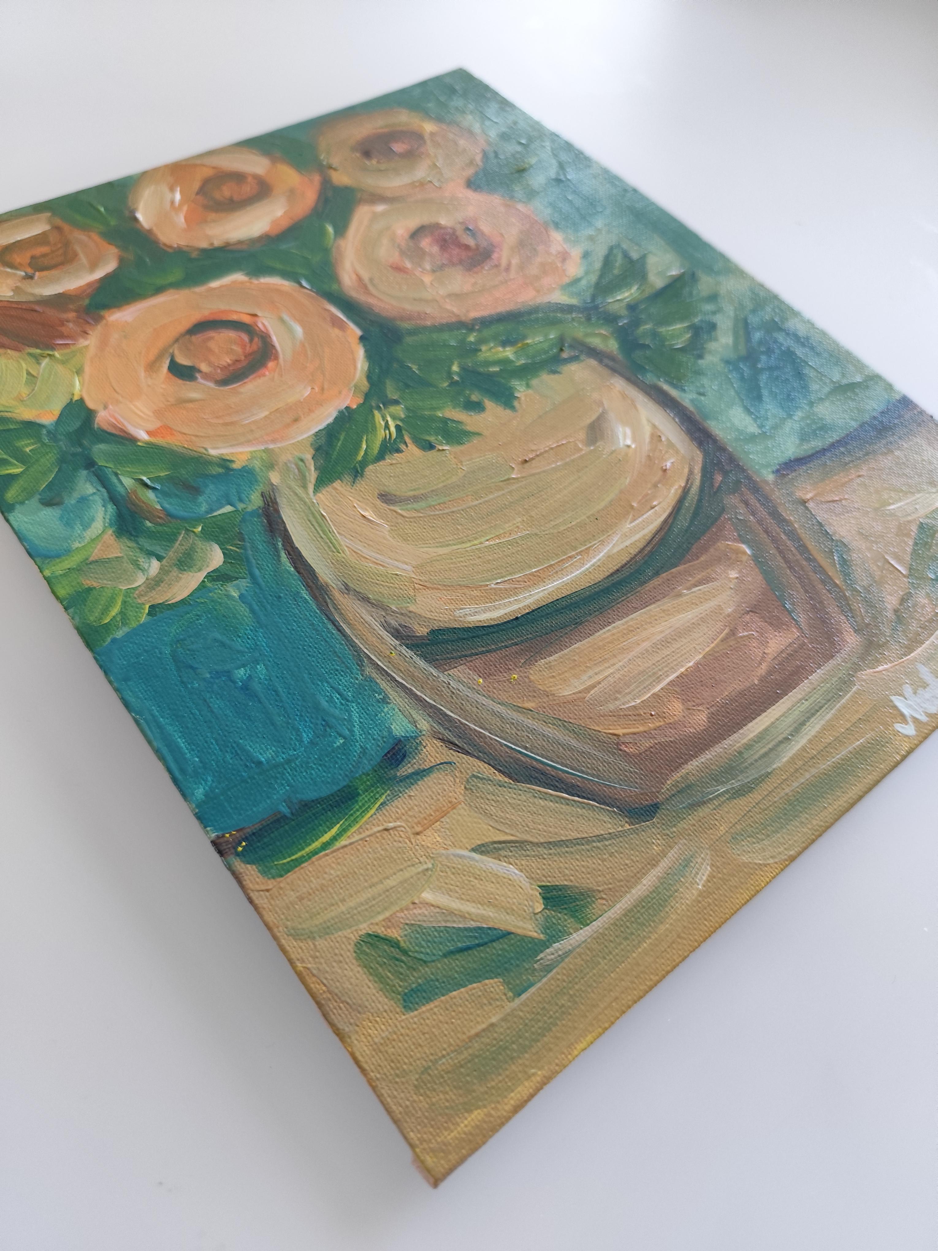 Pintura floral expresiva impresionista al óleo sobre tabla 