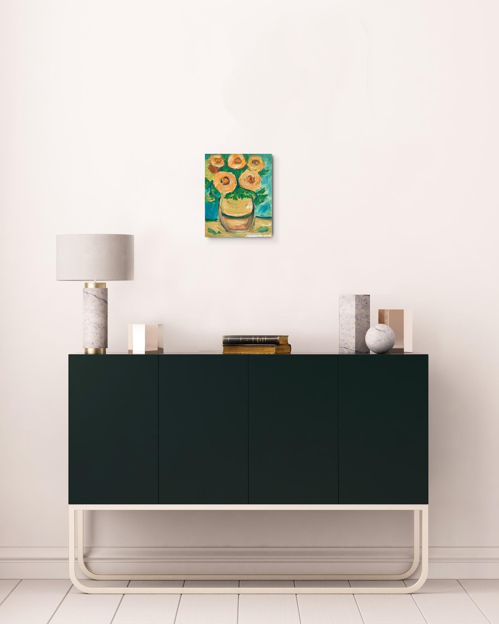 Pintura floral expresiva impresionista al óleo sobre tabla 