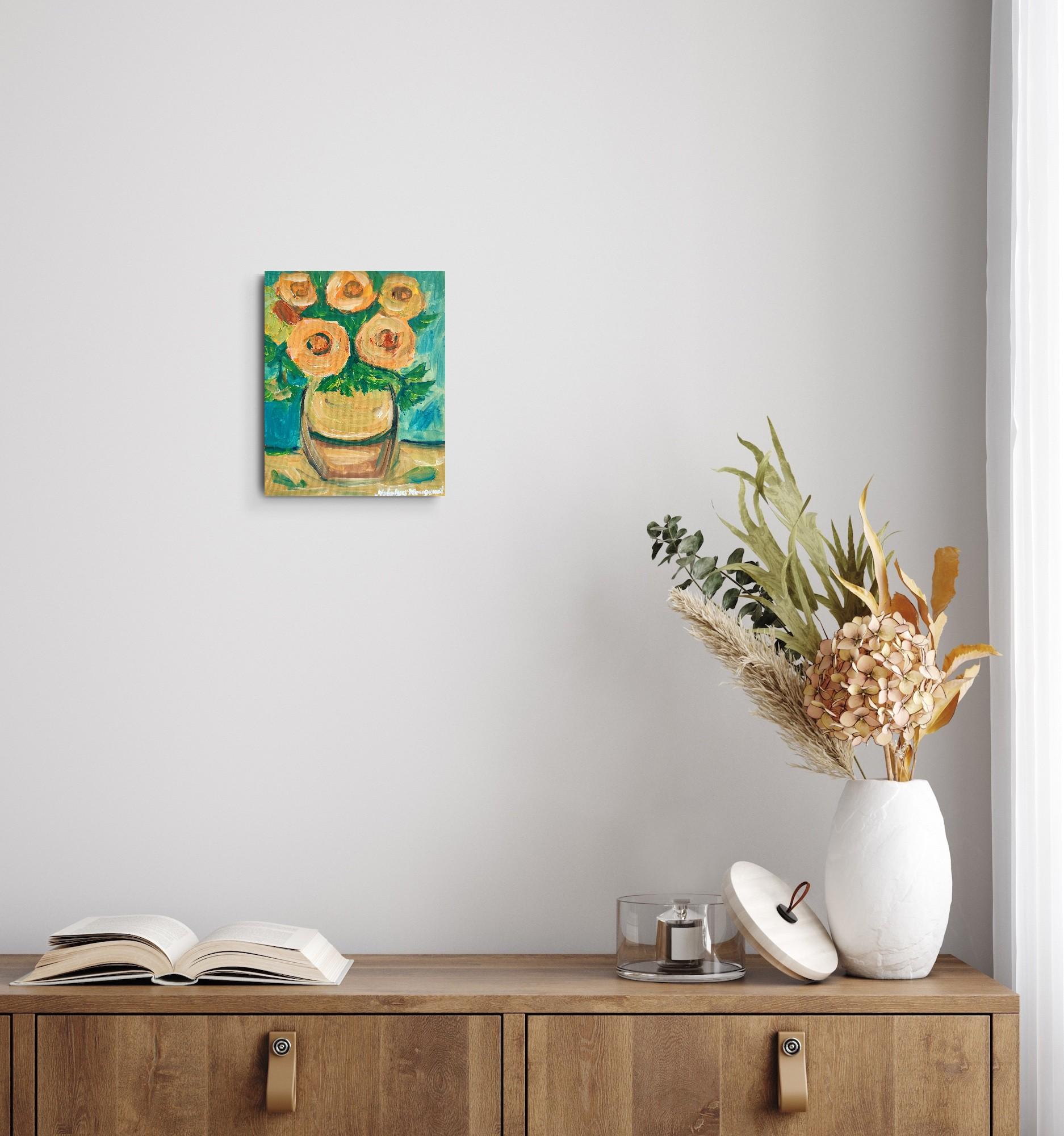 Pintura floral expresiva impresionista al óleo sobre tabla 