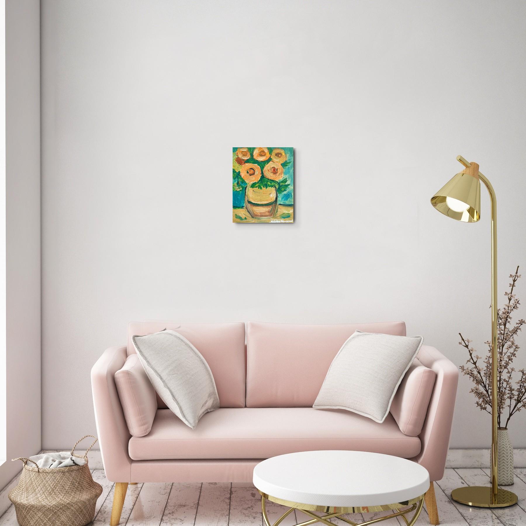 Pintura floral expresiva impresionista al óleo sobre tabla 