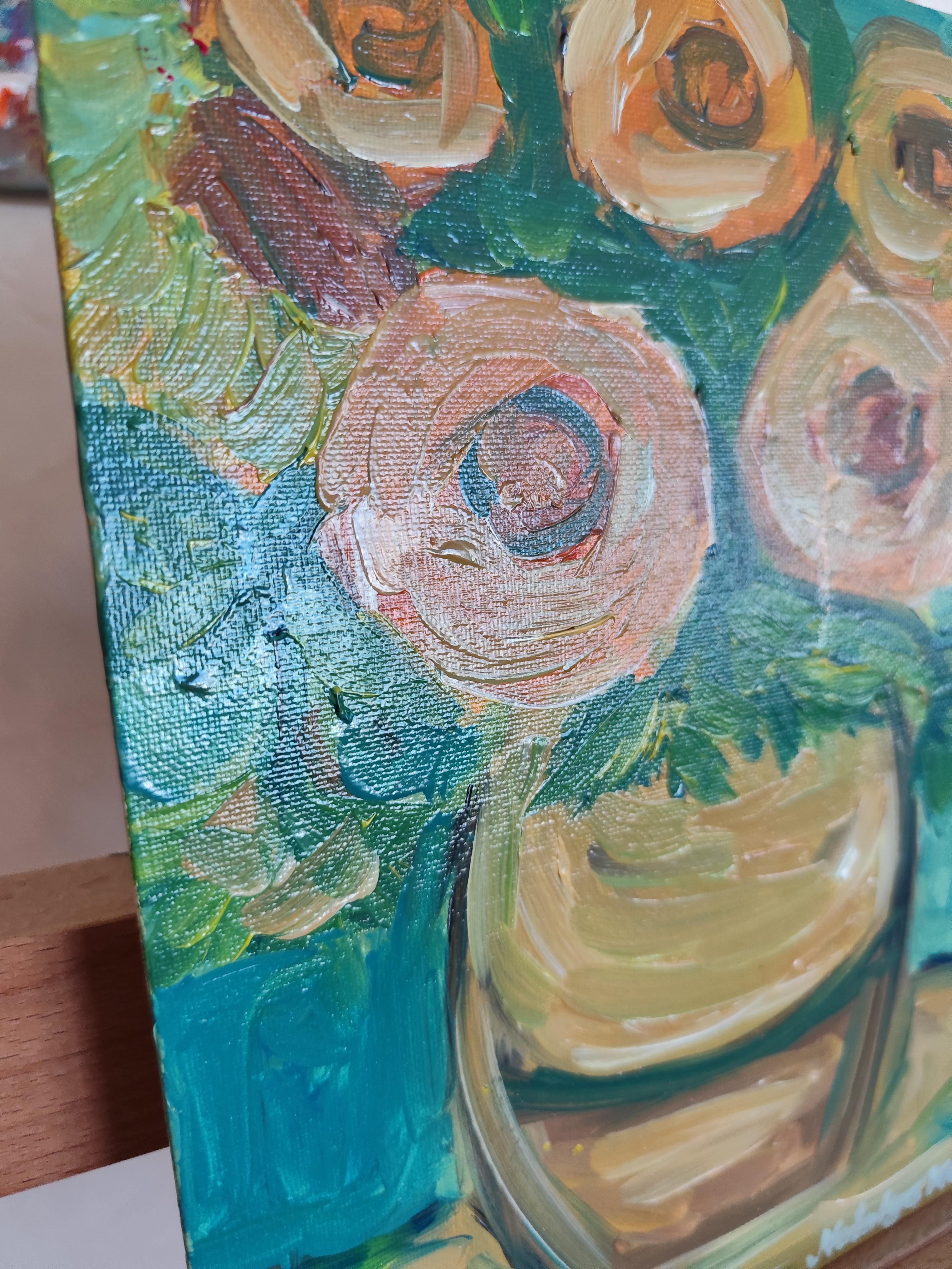 Pintura floral expresiva impresionista al óleo sobre tabla 