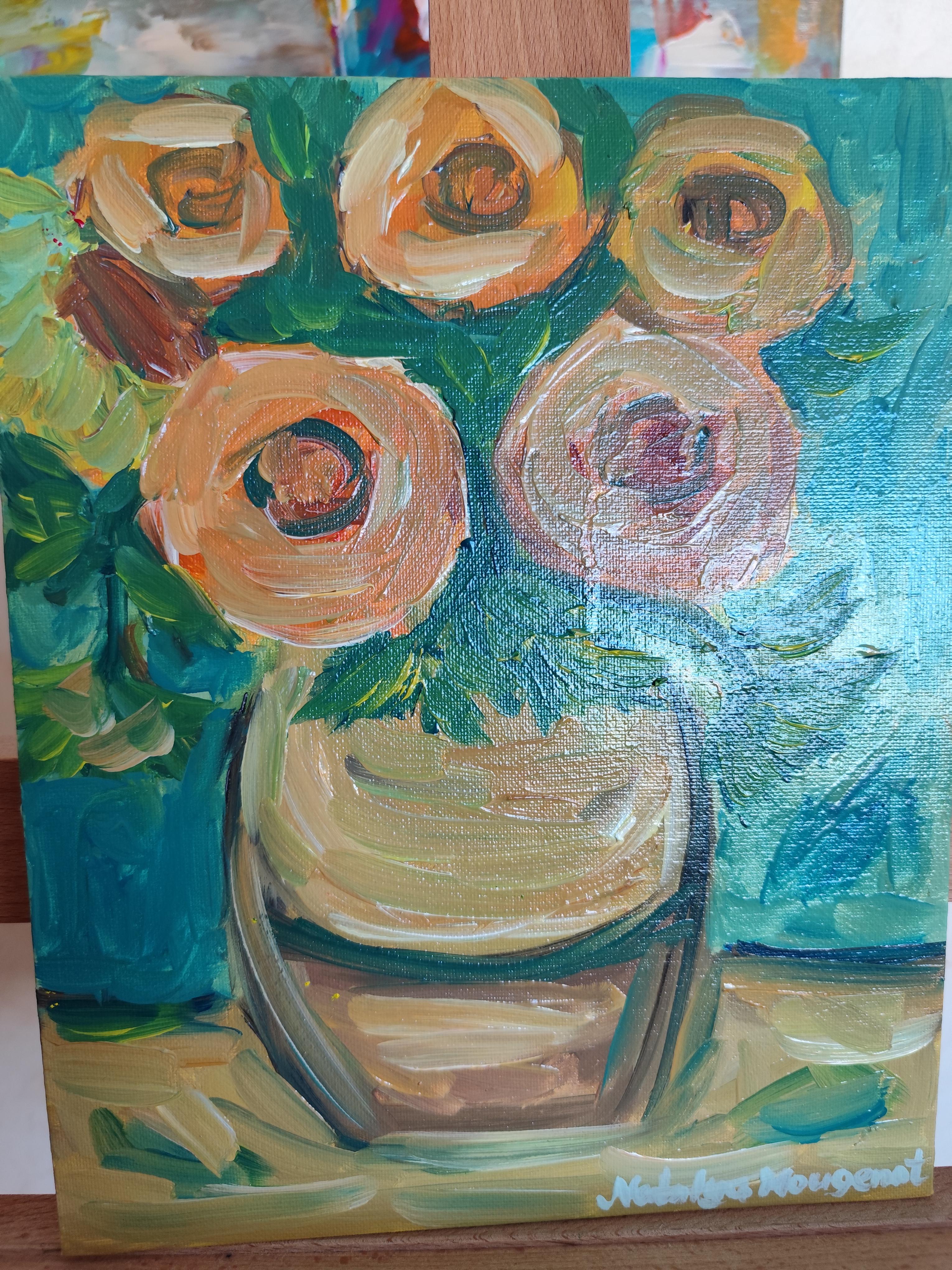Pintura floral expresiva impresionista al óleo sobre tabla 