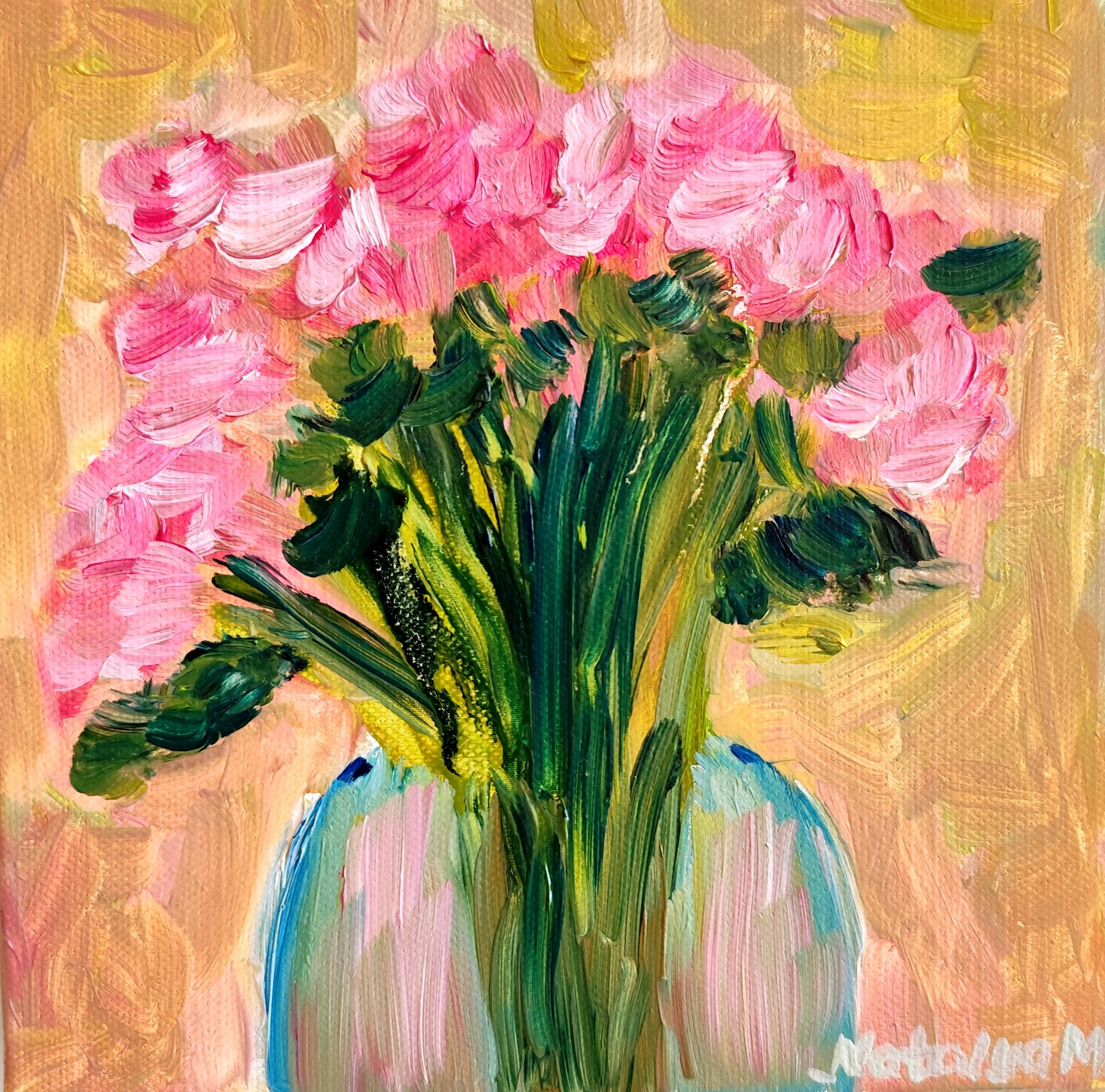 Pintura floral al óleo expresiva impresionista sobre lienzo "Rosas de verano en flor"