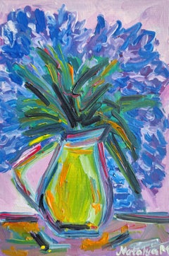 Impressionist oil floral painting on board "Blue irises in summer light"