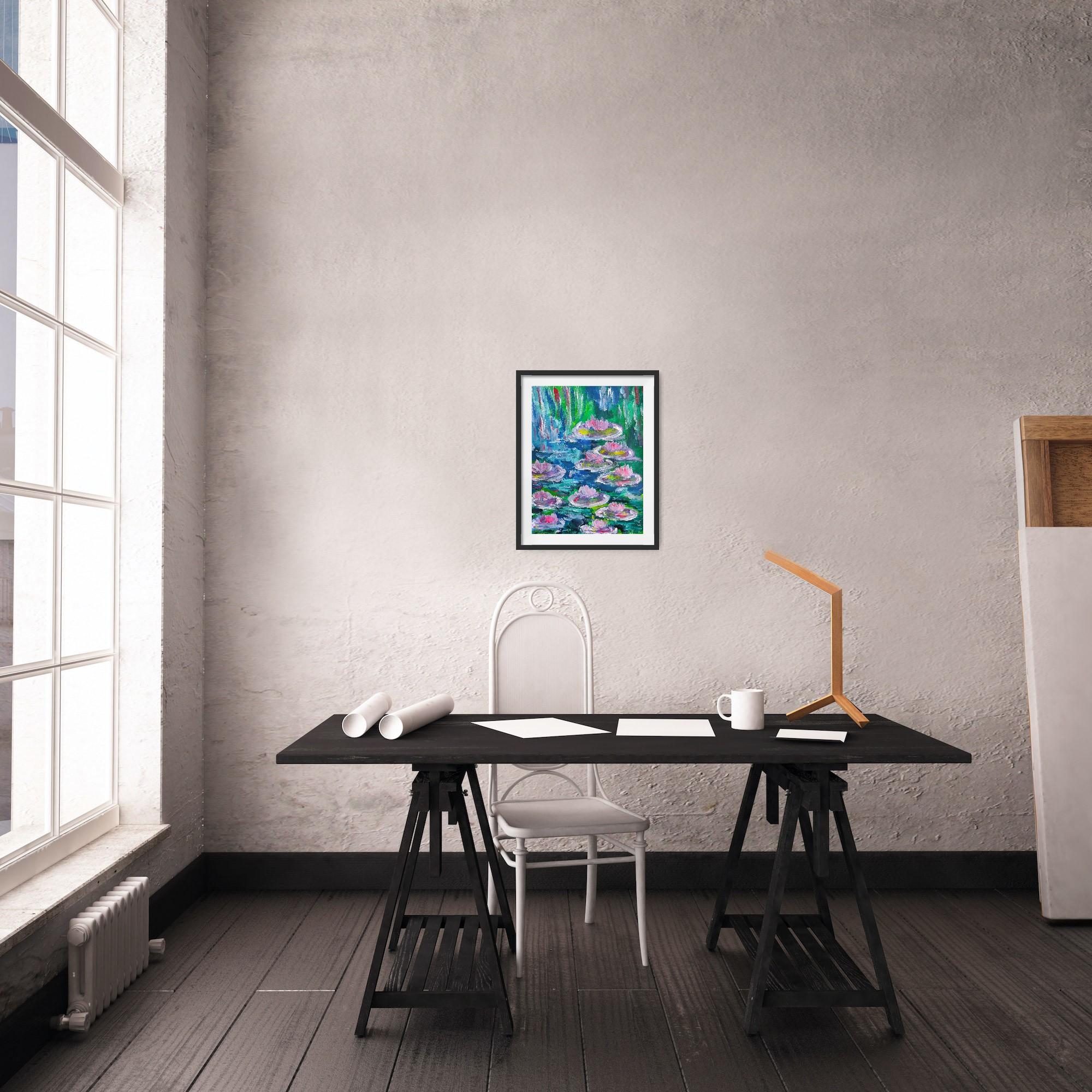“Dreams by the Lilies” by French artist Natalya Mougenot is a poetic and contemporary interpretation of water lilies, painted in the spirit of Claude Monet yet guided by the artist’s own emotional language. In this work, Mougenot transforms the