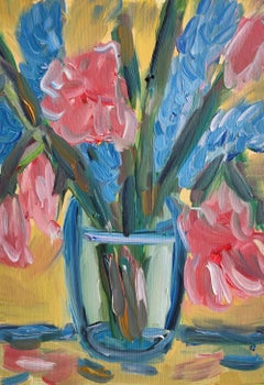 "Irises Roses Unite" Contemporary Oil floral impressionist painting on cardboard