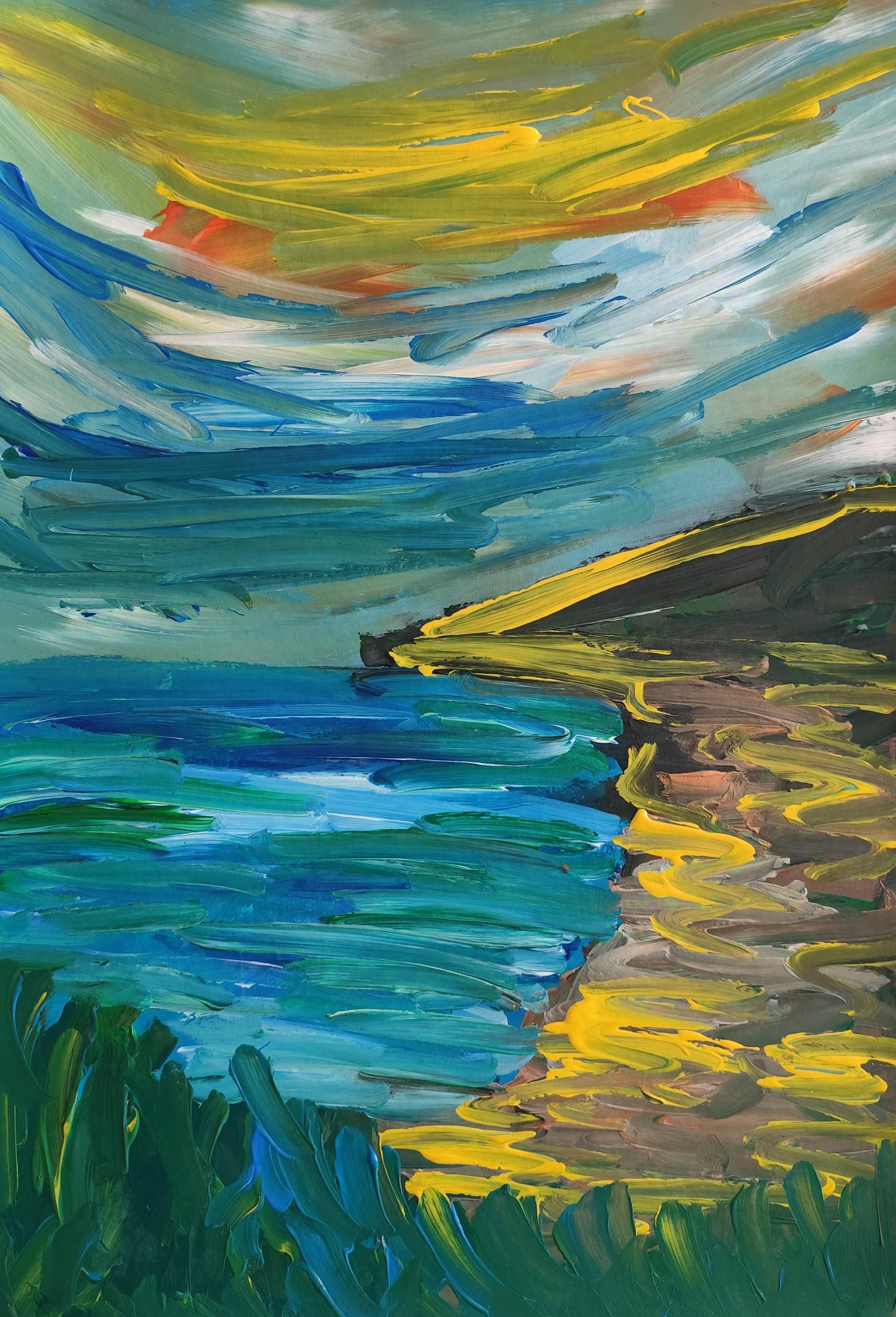 Pittura acrilica astratta contemporanea su carta di un paesaggio marino impressionista in vendita 5