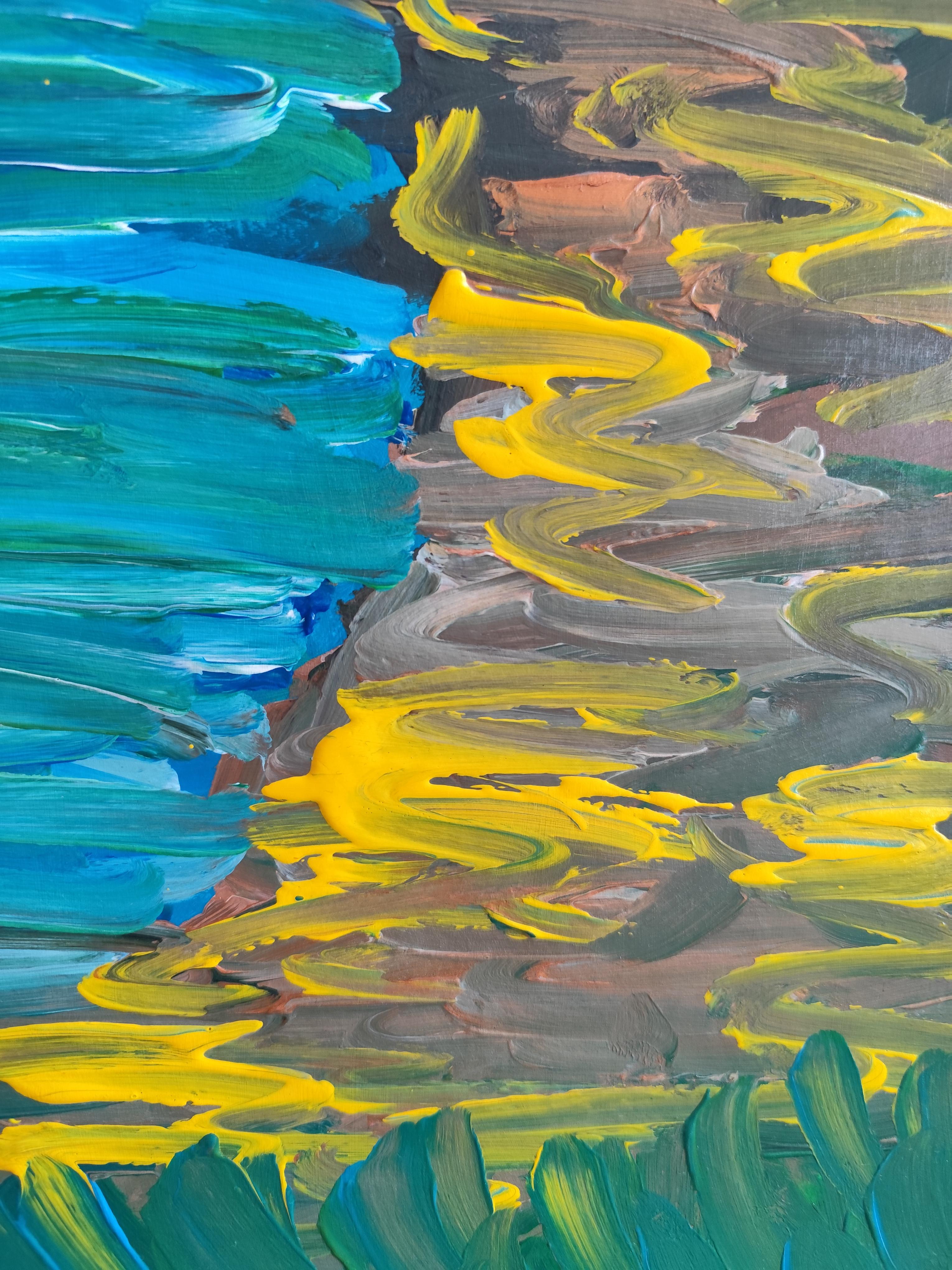 Pittura acrilica astratta contemporanea su carta di un paesaggio marino impressionista in vendita 7