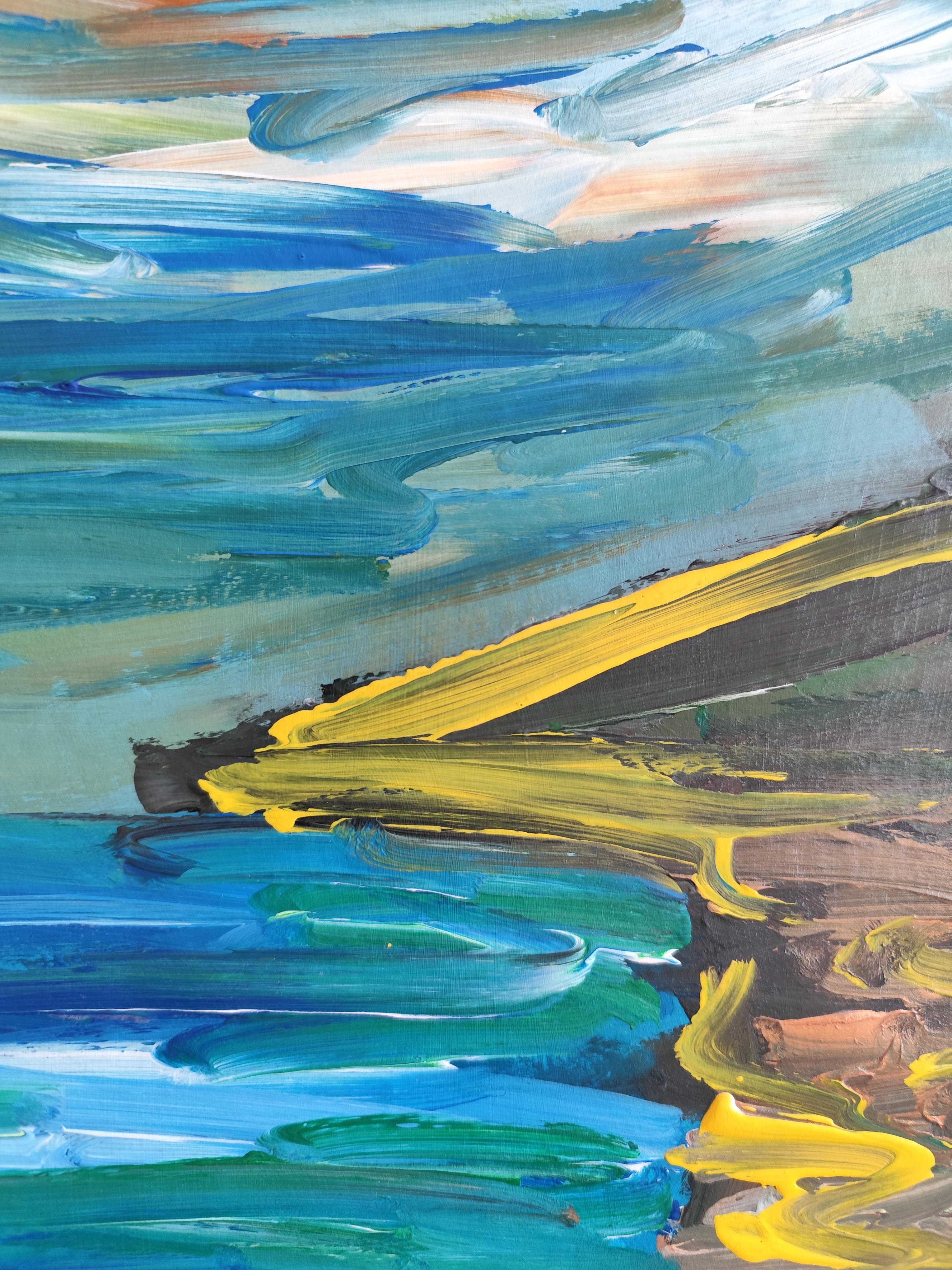 Pittura acrilica astratta contemporanea su carta di un paesaggio marino impressionista in vendita 8