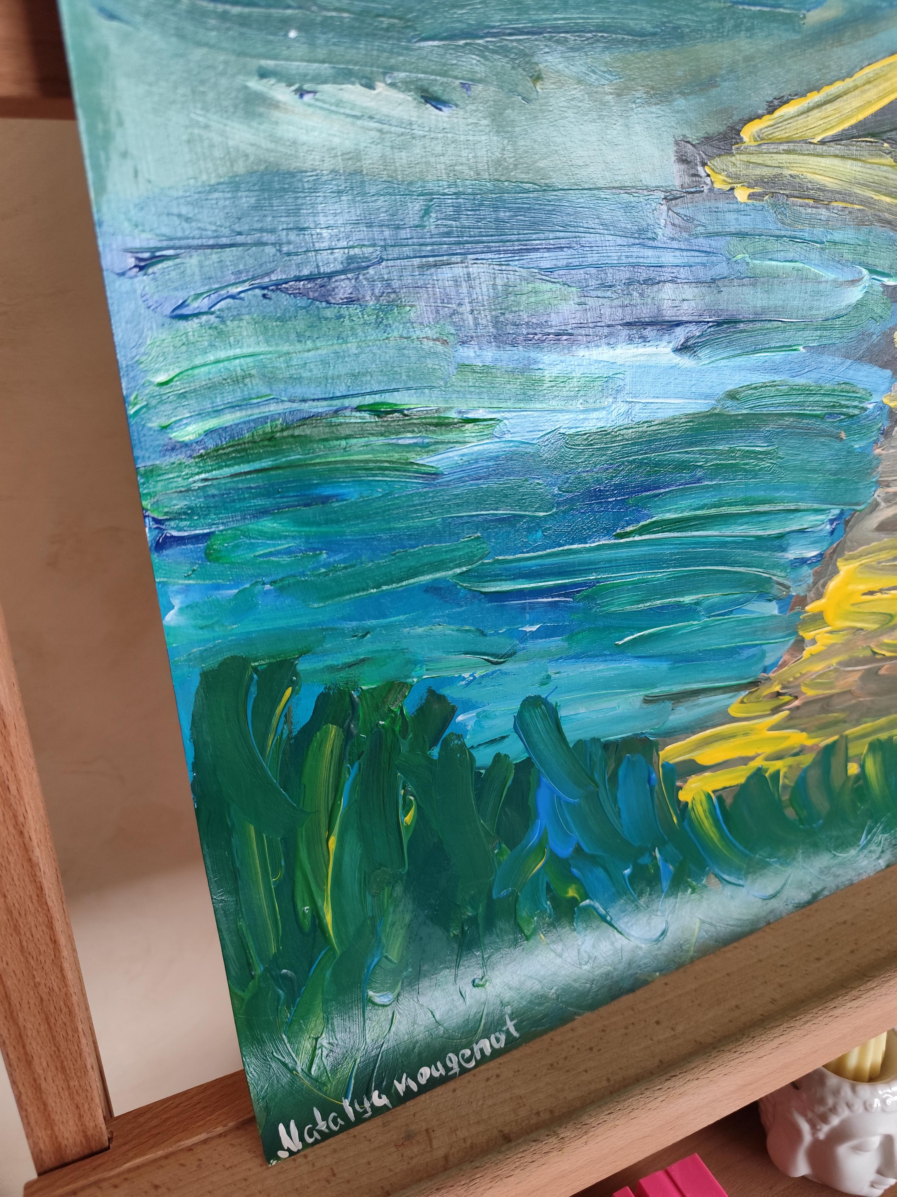 Pittura acrilica astratta contemporanea su carta di un paesaggio marino impressionista in vendita 12