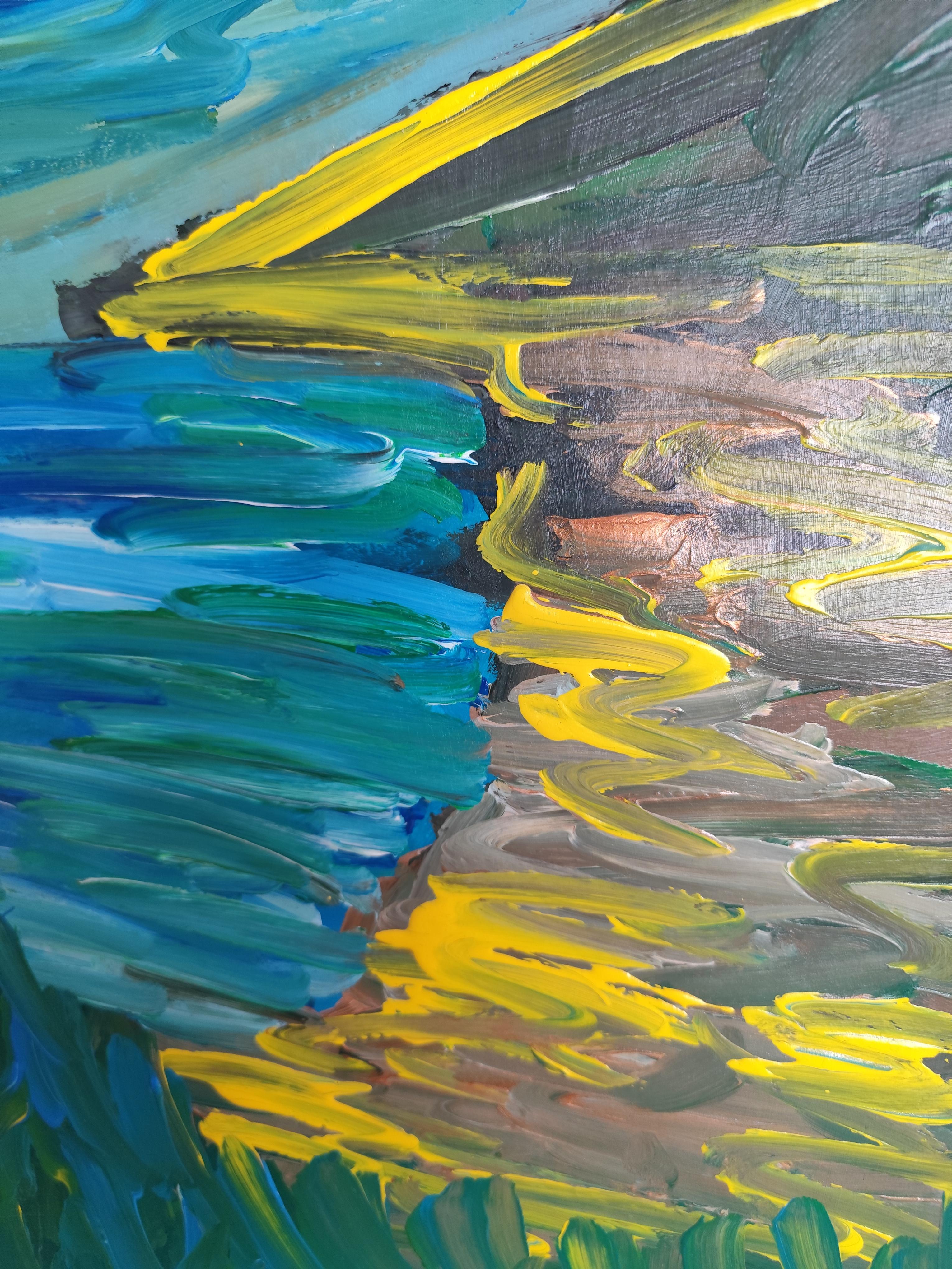 Pittura acrilica astratta contemporanea su carta di un paesaggio marino impressionista in vendita 13