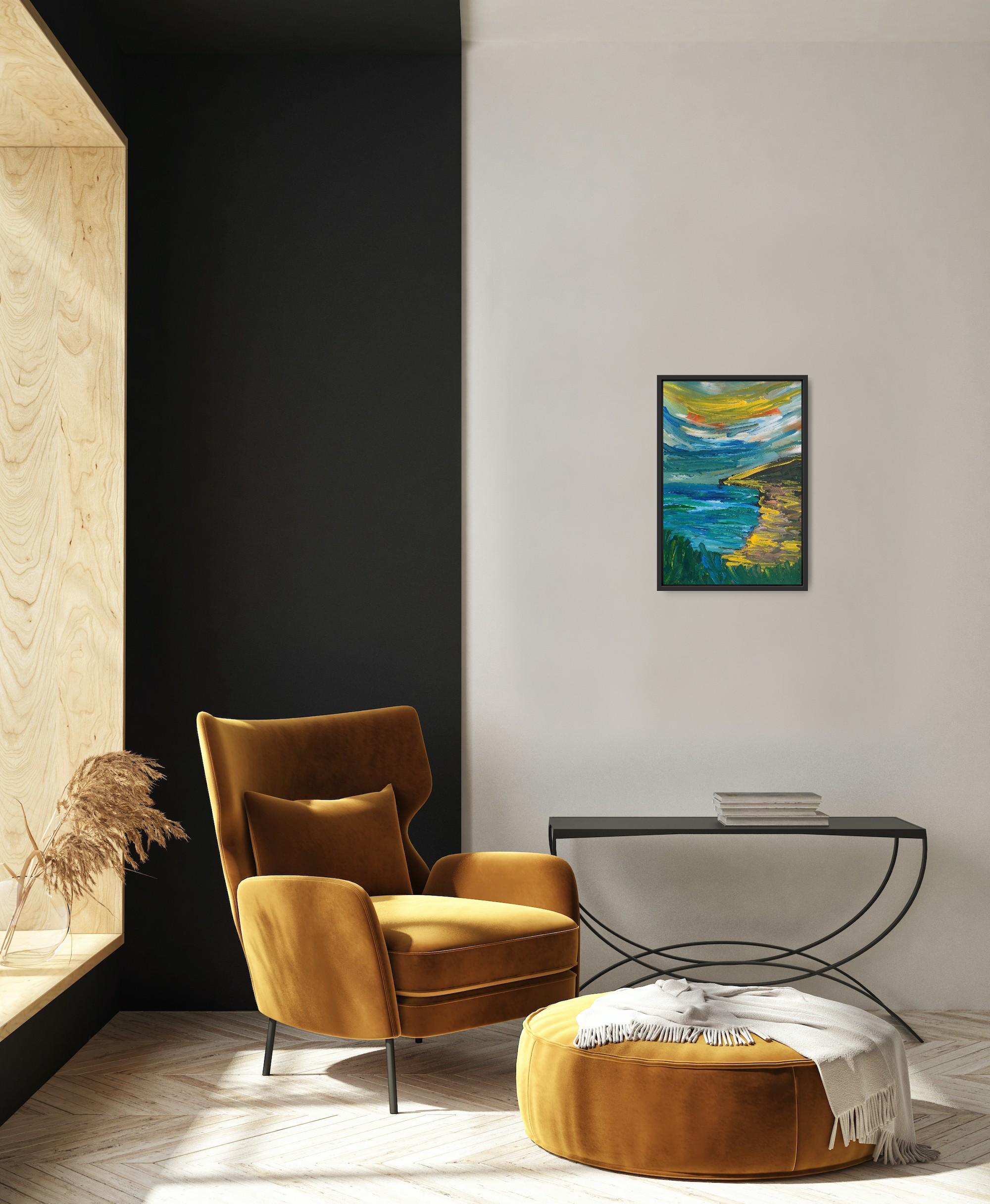 Pittura acrilica astratta contemporanea su carta di un paesaggio marino impressionista - Painting di Mougenot Natalya